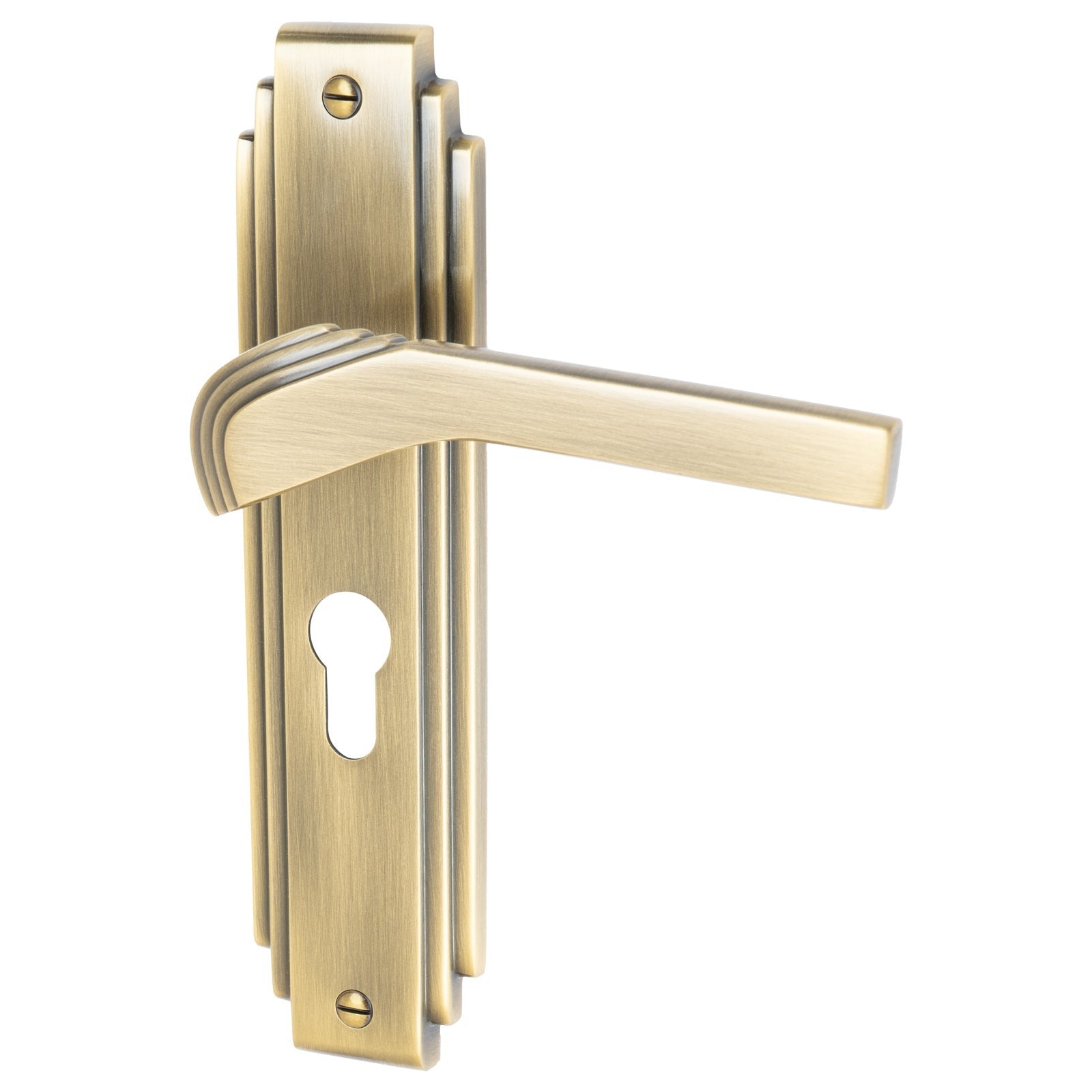 Tiffany Door Handles On Plate Euro Lock Handle in Aged Brass 