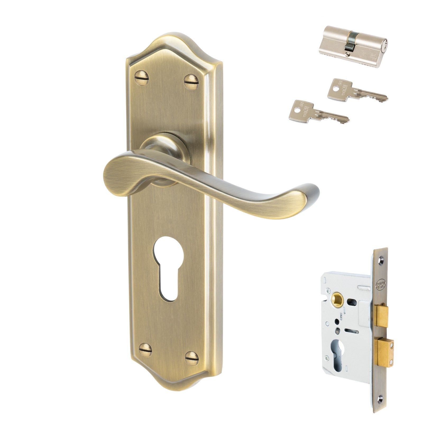 Buckingham Door Handles On Plate Euro Lock Handle Set in Aged Brass