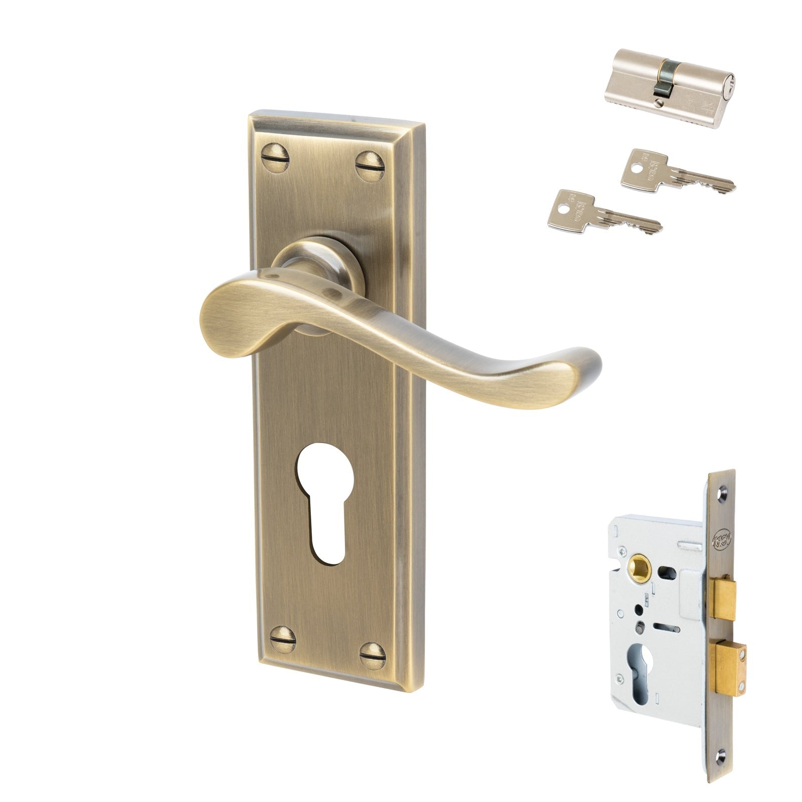 Edwardian Door Handles On Plate Euro Lock Handle Set in Aged Brass