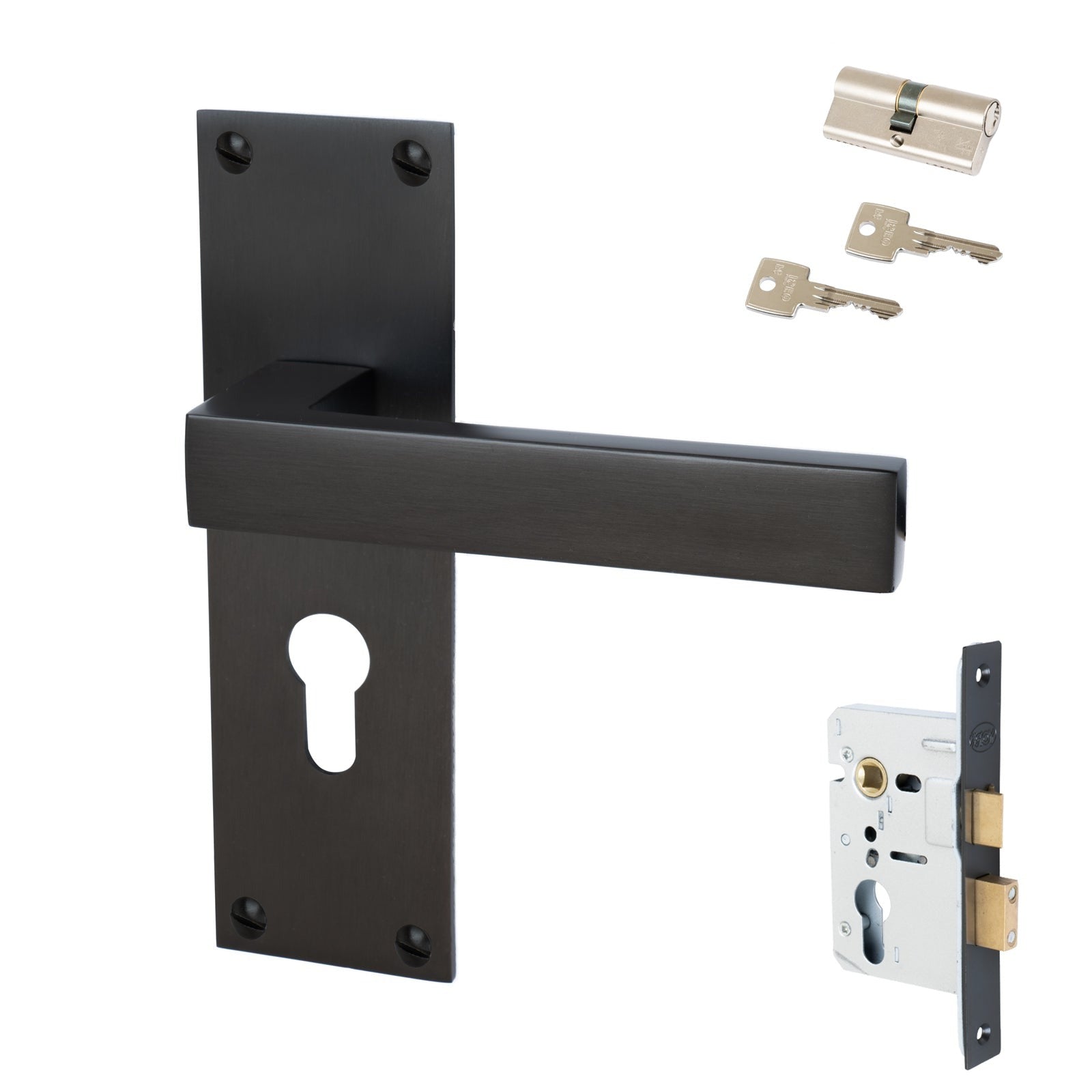 Metro Door Handles On Plate Euro Lock Handle Set in Matt Bronze 