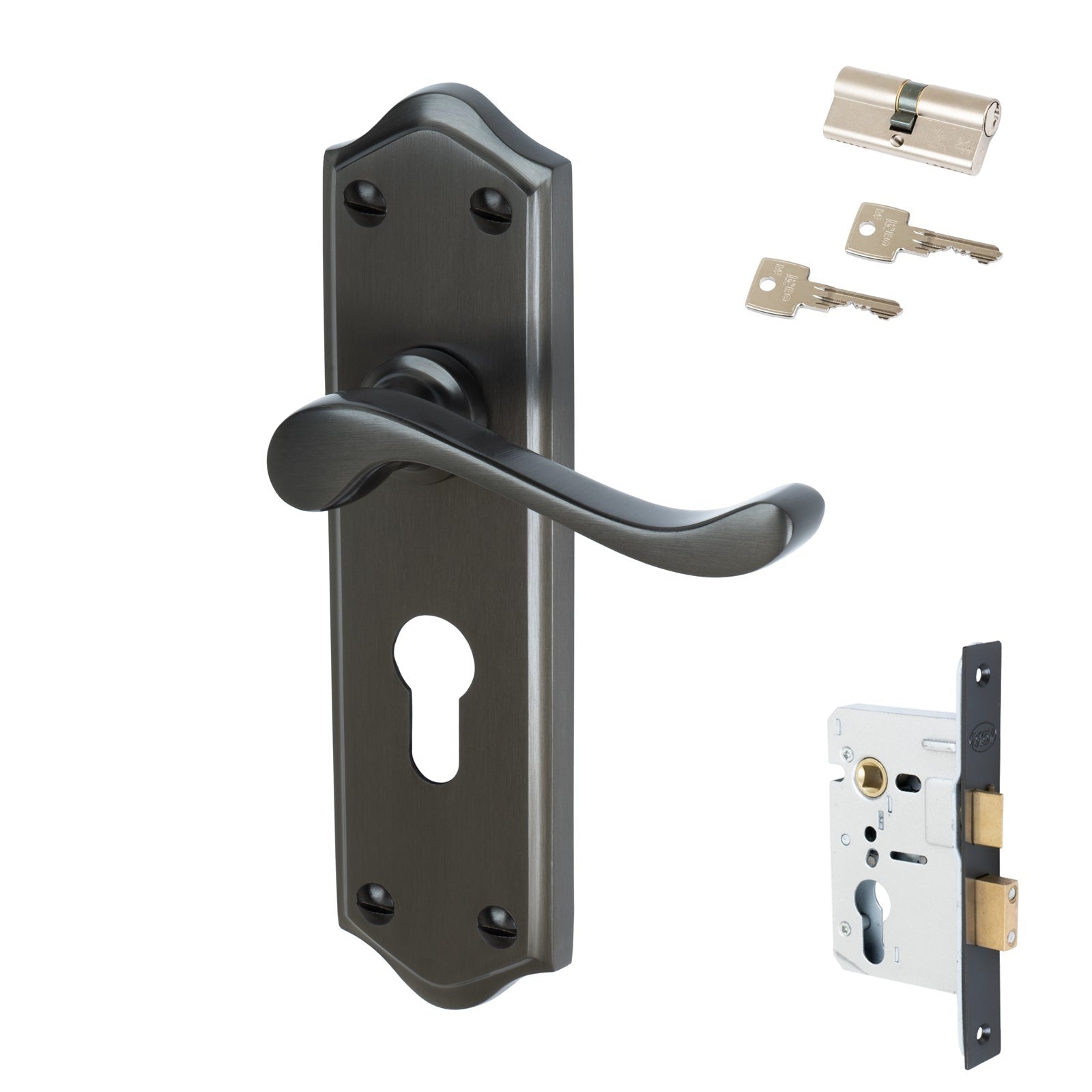 Buckingham Door Handles On Plate Euro Lock Handle Set in Matt Bronze 