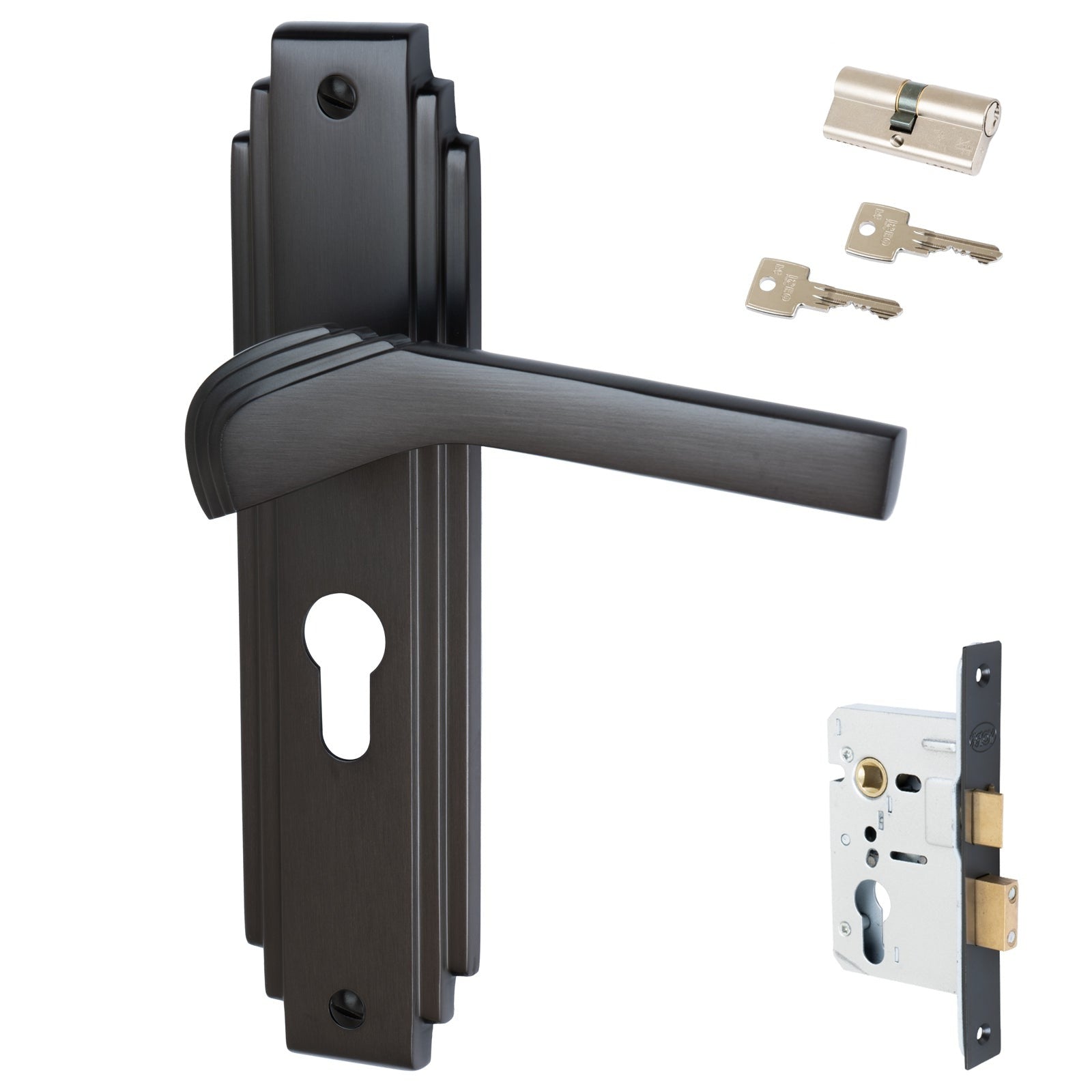 Tiffany Door Handles On Plate Euro Lock Handle Set in Matt Bronze 