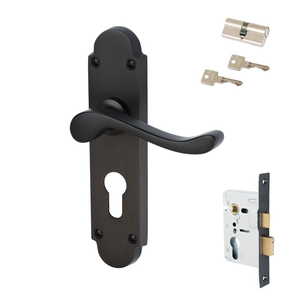 Savoy Door Handles On Plate Euro Lock Handle Set in Matt Bronze 