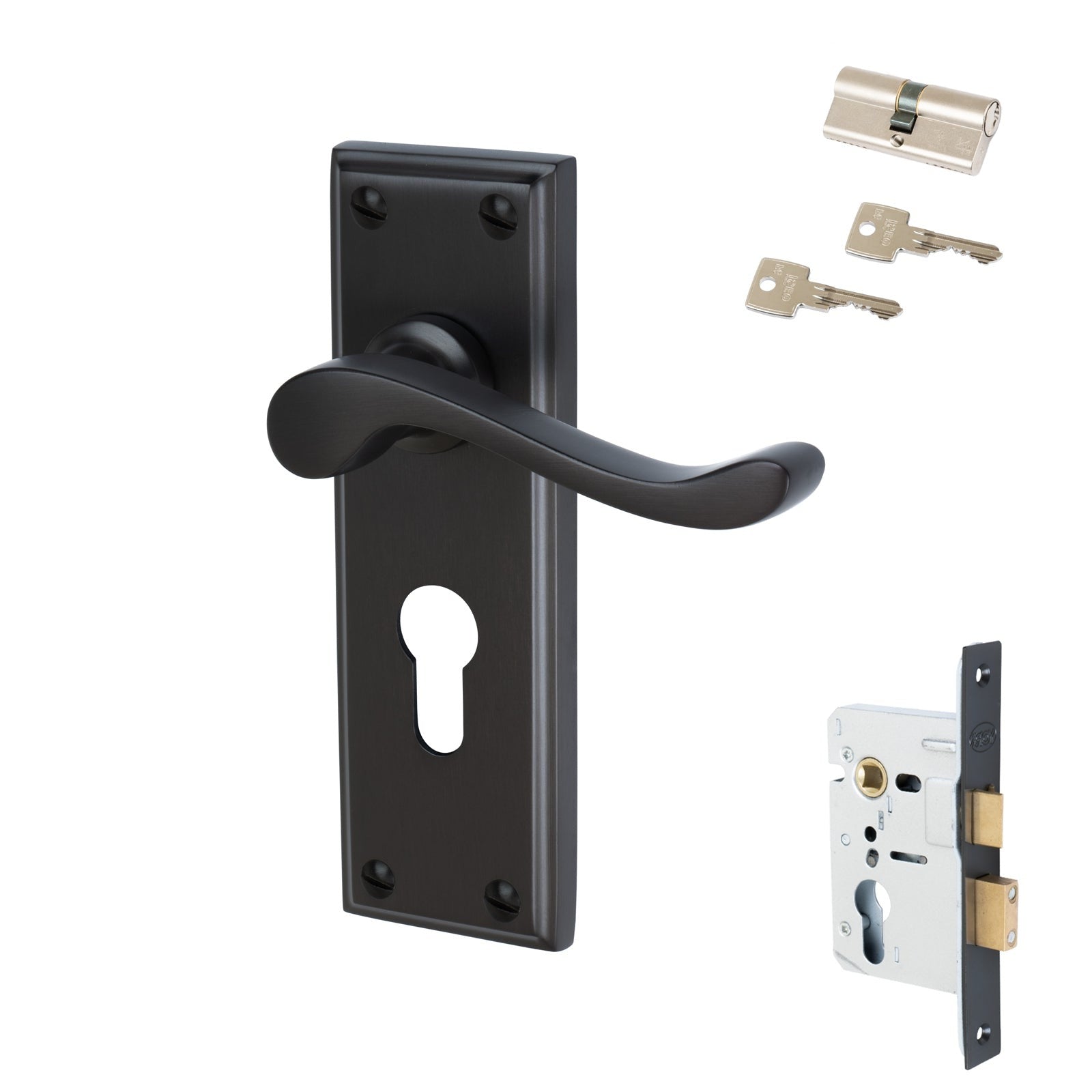 Edwardian Door Handles On Plate Euro Lock Handle Set in Matt Bronze 