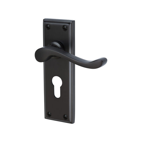 Edwardian Door Handles On Plate Euro Lock Handle in Matt Bronze 