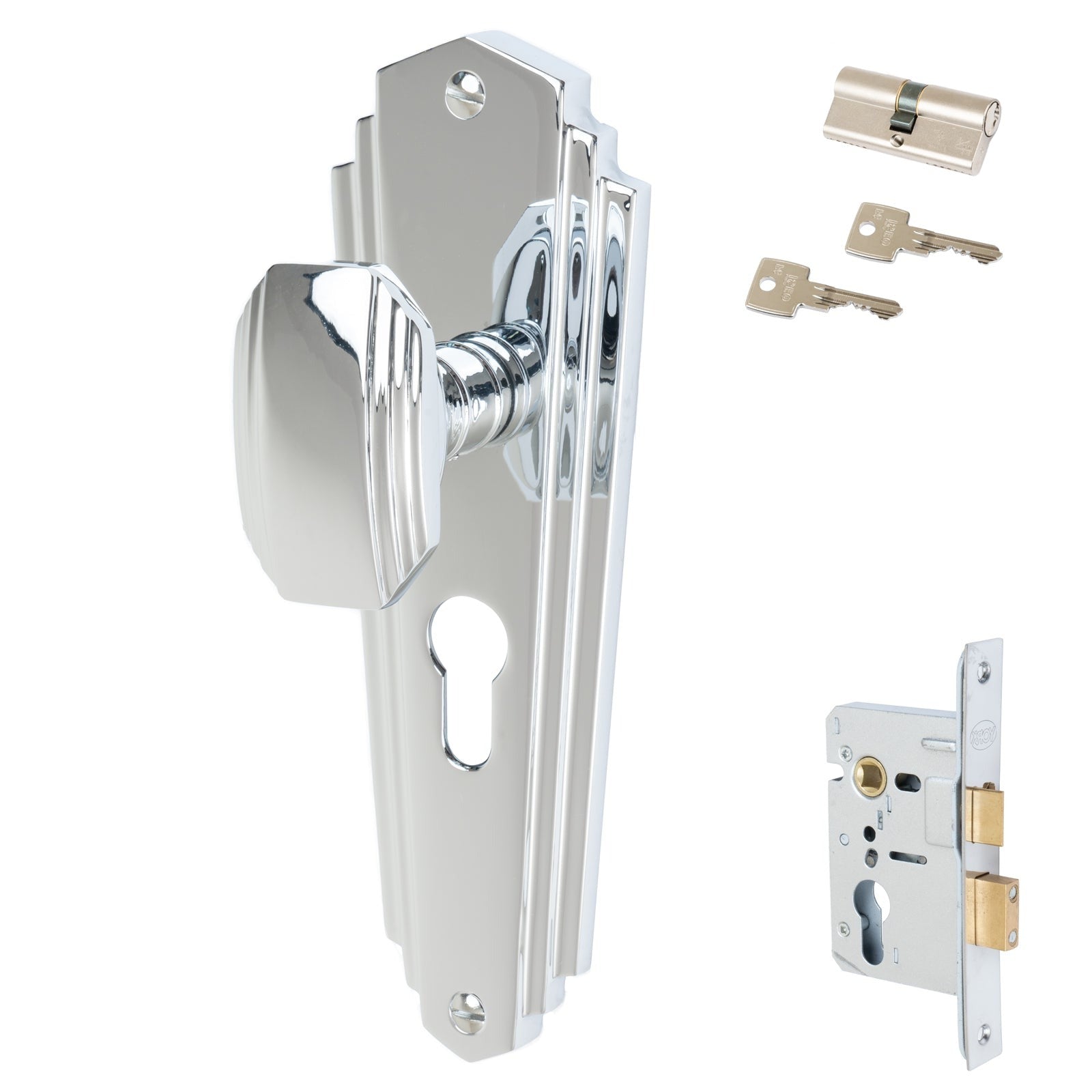 Charlston Door Handles On Plate Euro Lock Handle Set in Polished Chrome