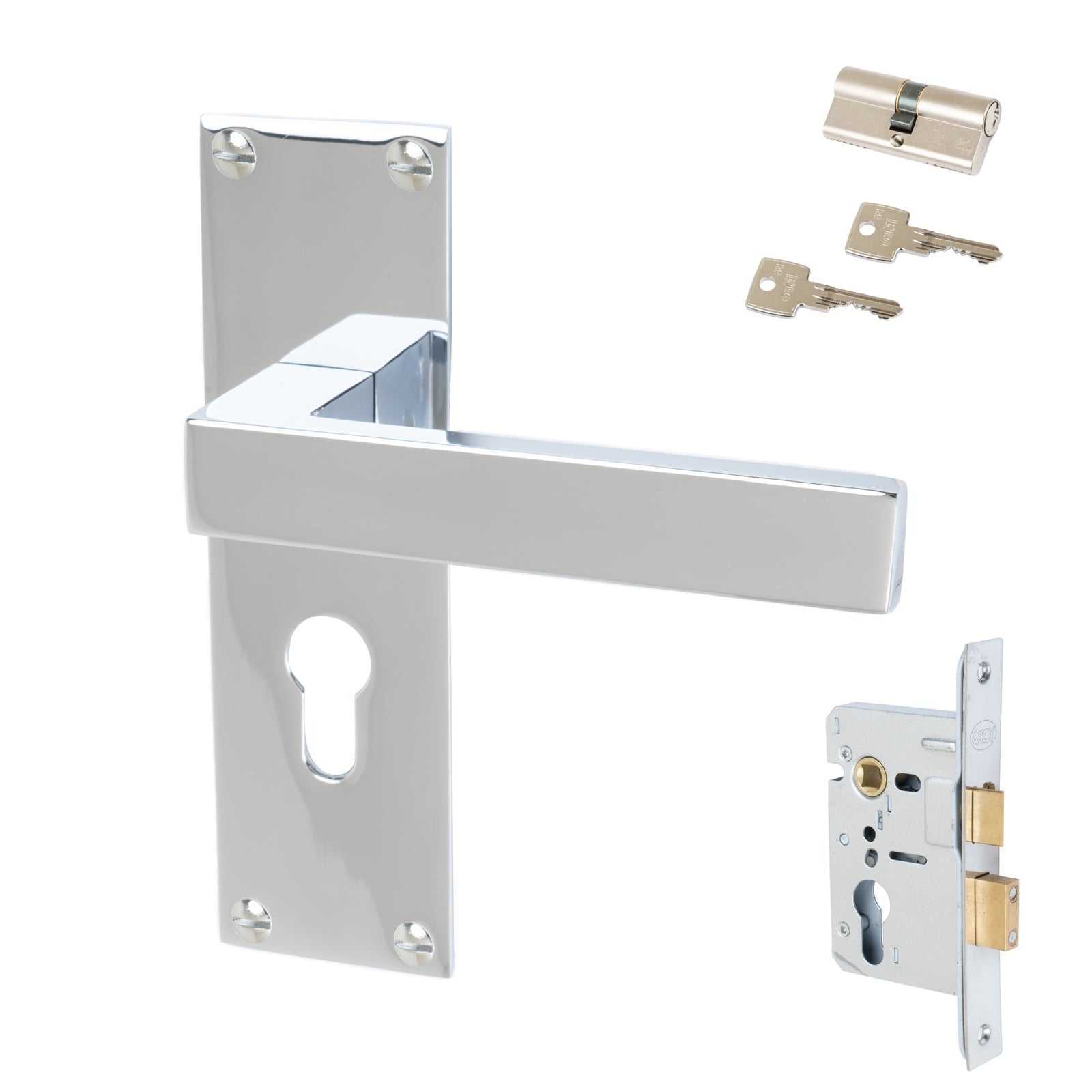 Metro Door Handles On Plate Euro Lock Handle Set in Polished Chrome