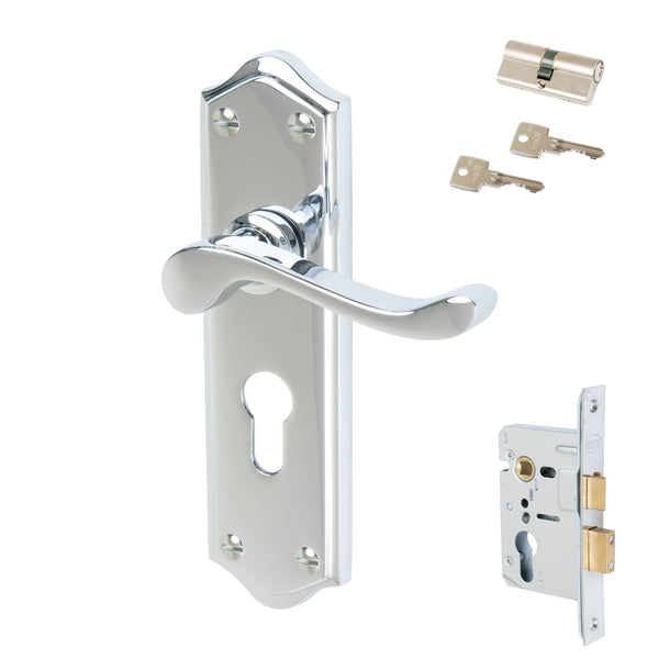 Buckingham Door Handles On Plate Euro Lock Handle Set in Polished Chrome