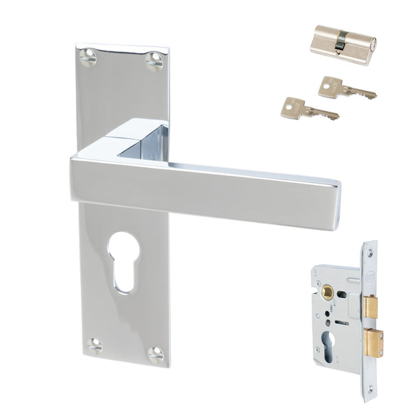 Metro Door Handles On Plate Euro Lock Handle Set in Polished Chrome