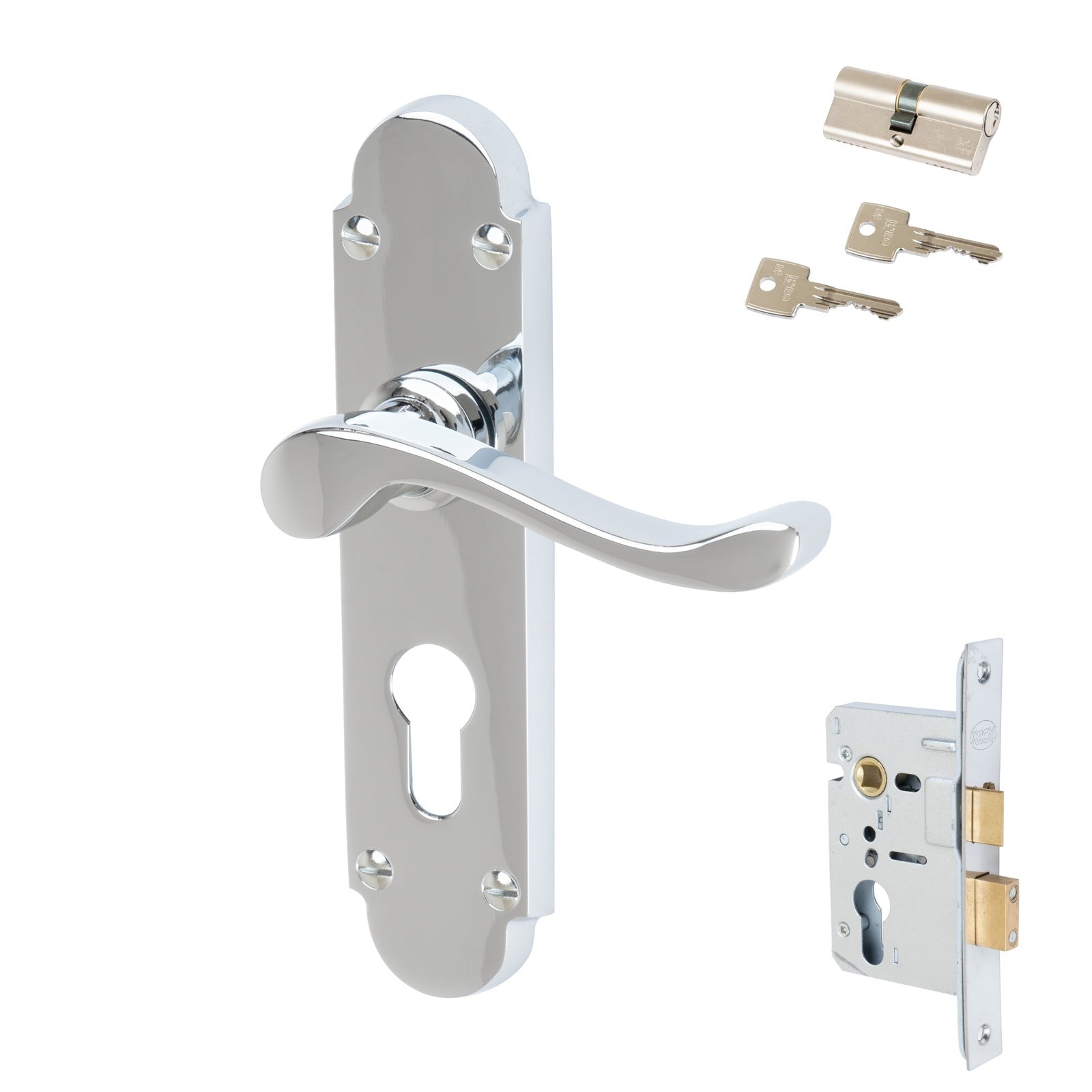 Savoy Door Handles On Plate Euro Lock Handle Set in Polished Chrome