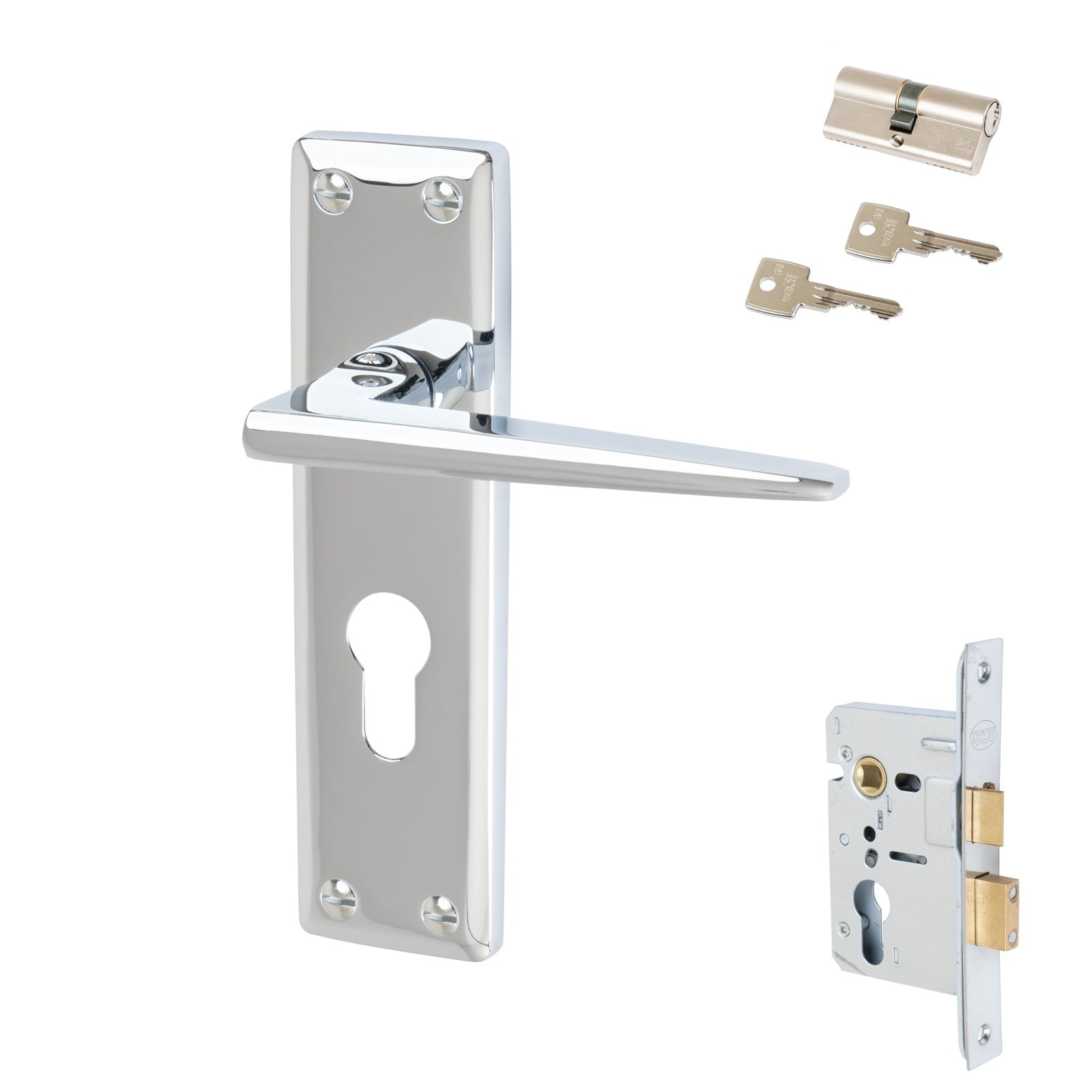 Kendal Door Handles On Plate Euro Lock Handle Set in Polished Chrome