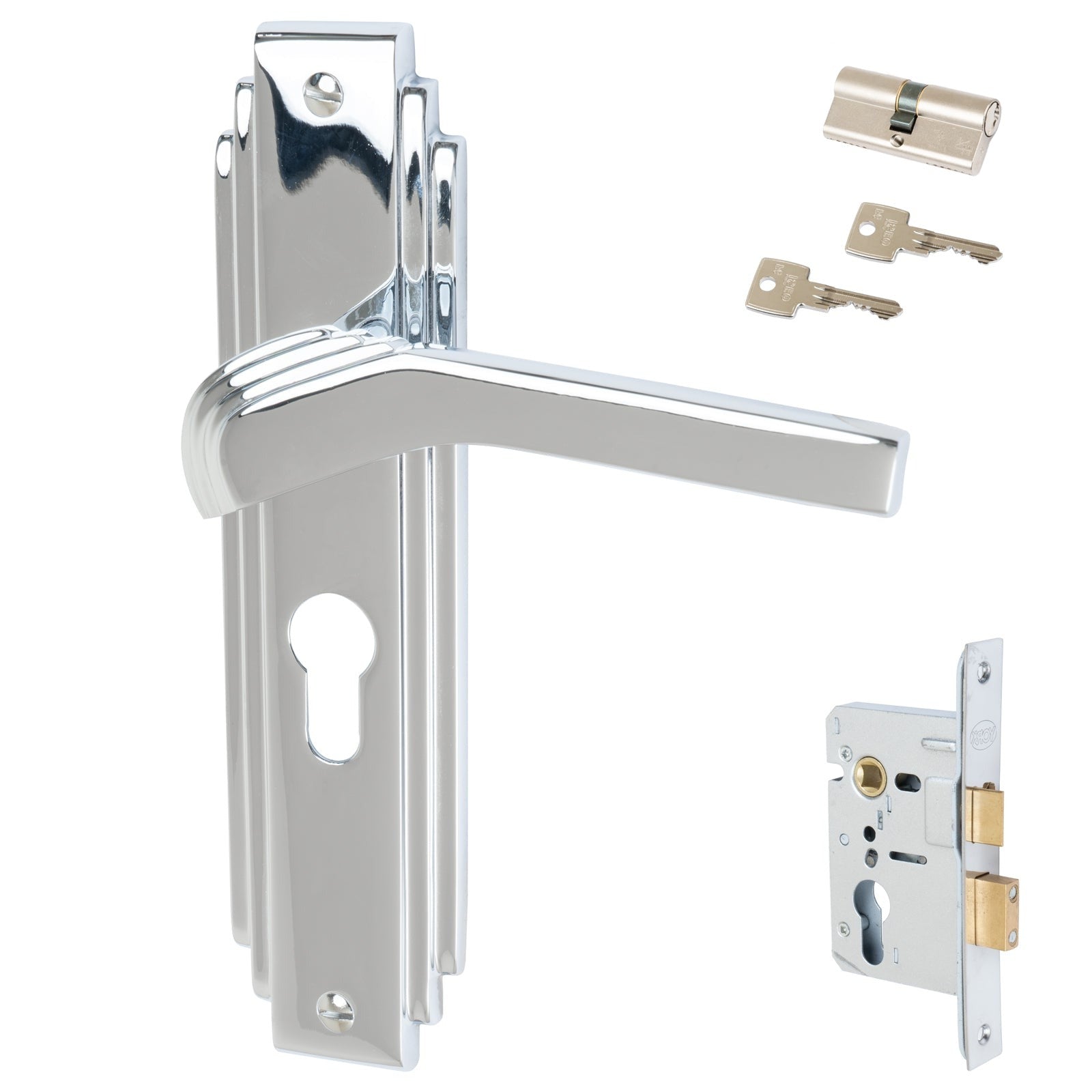 Tiffany Door Handles On Plate Euro Lock Handle Set in Polished Chrome