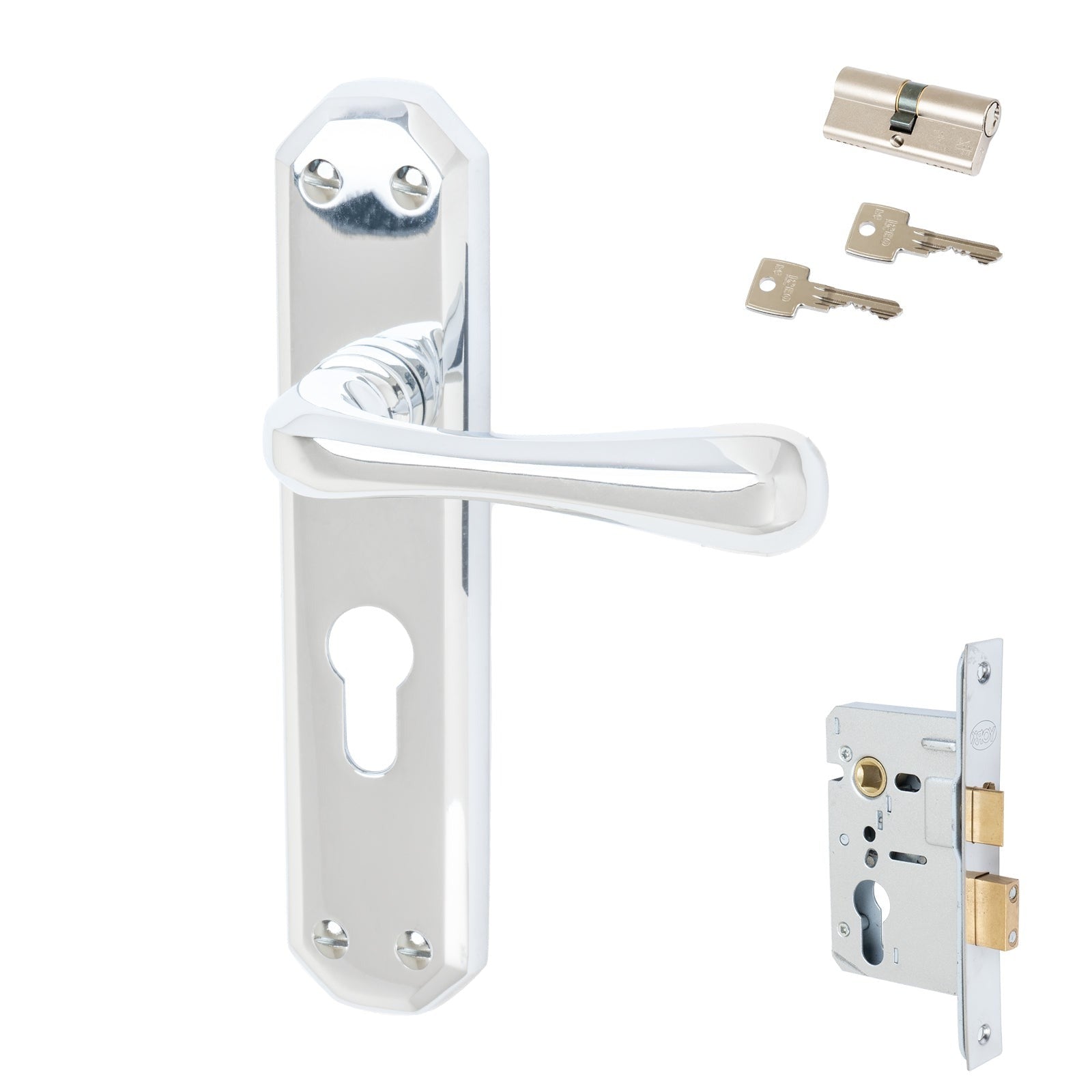 Charlbury Door Handles On Plate Euro Lock Handle Set in Polished Chrome