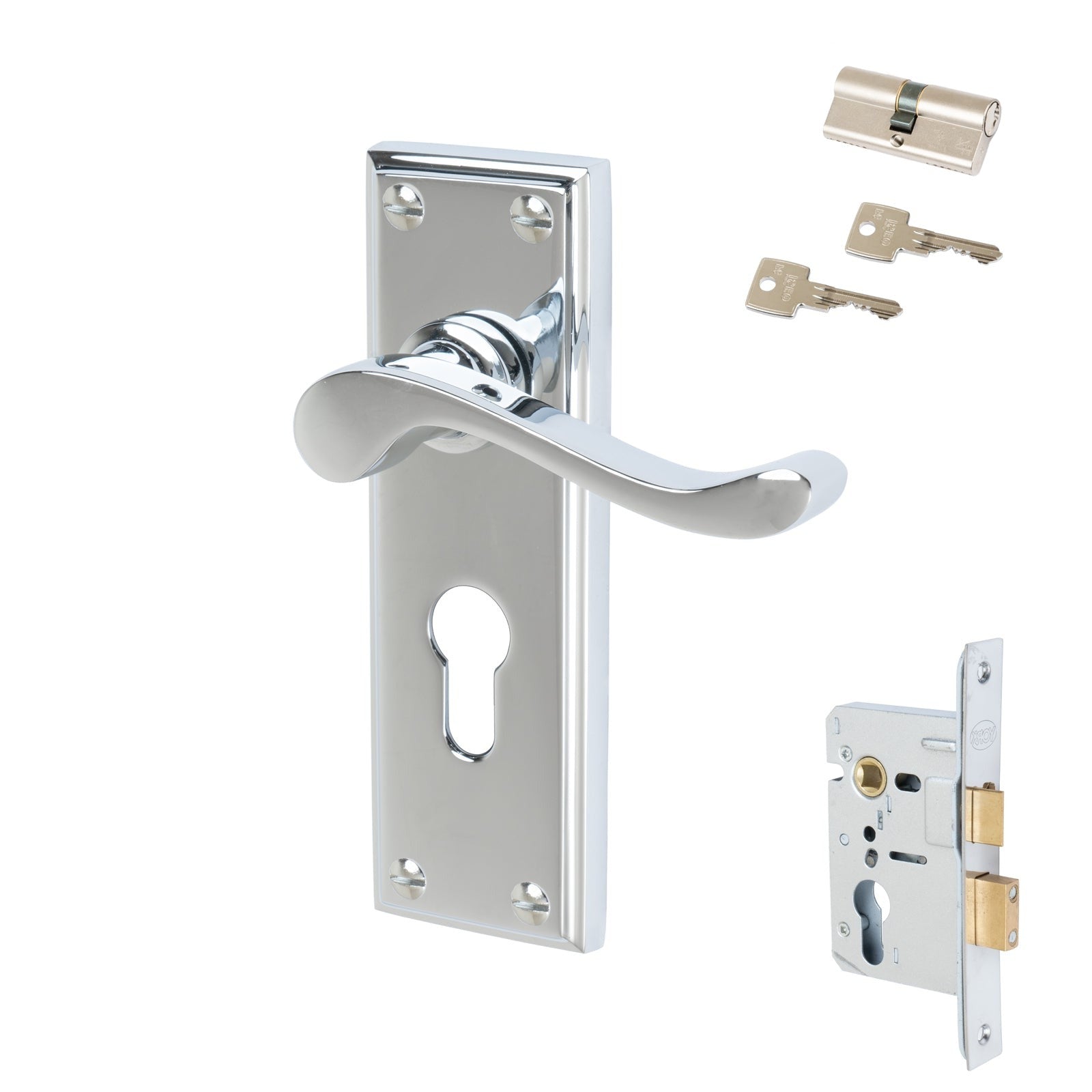 Edwardian Door Handles On Plate Euro Lock Handle Set in Polished Chrome