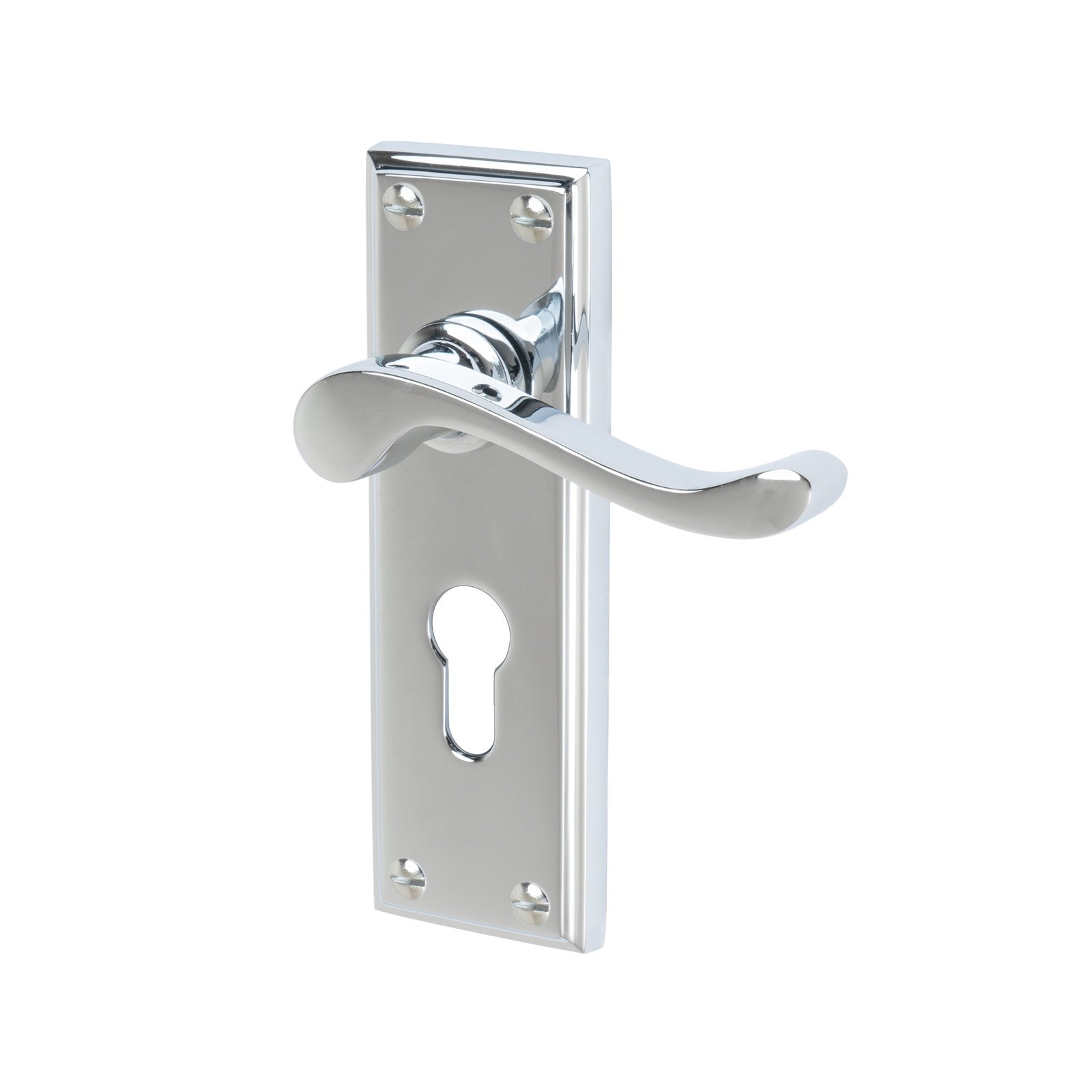 Edwardian Door Handles On Plate Euro Lock Handle in Polished Chrome 