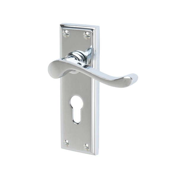 Edwardian Door Handles On Plate Euro Lock Handle in Polished Chrome 
