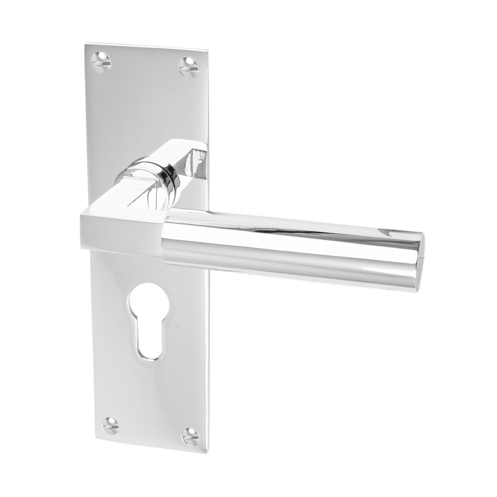 Bauhaus Door Handles On Plate Euro Lock Handle in Polished Chrome 