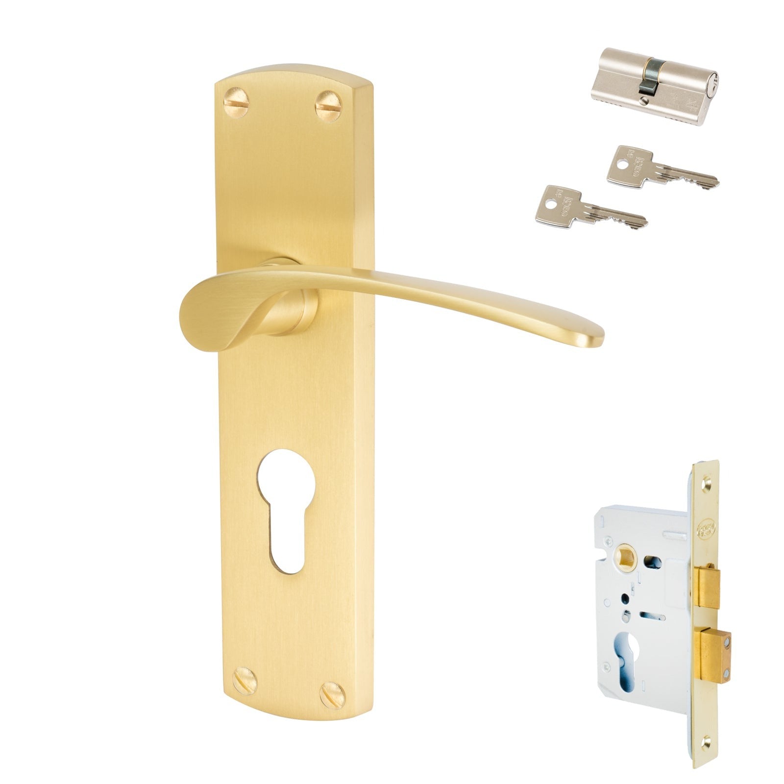 Diplomat Door Handles On Plate Euro Lock Handle Set in Satin Brass