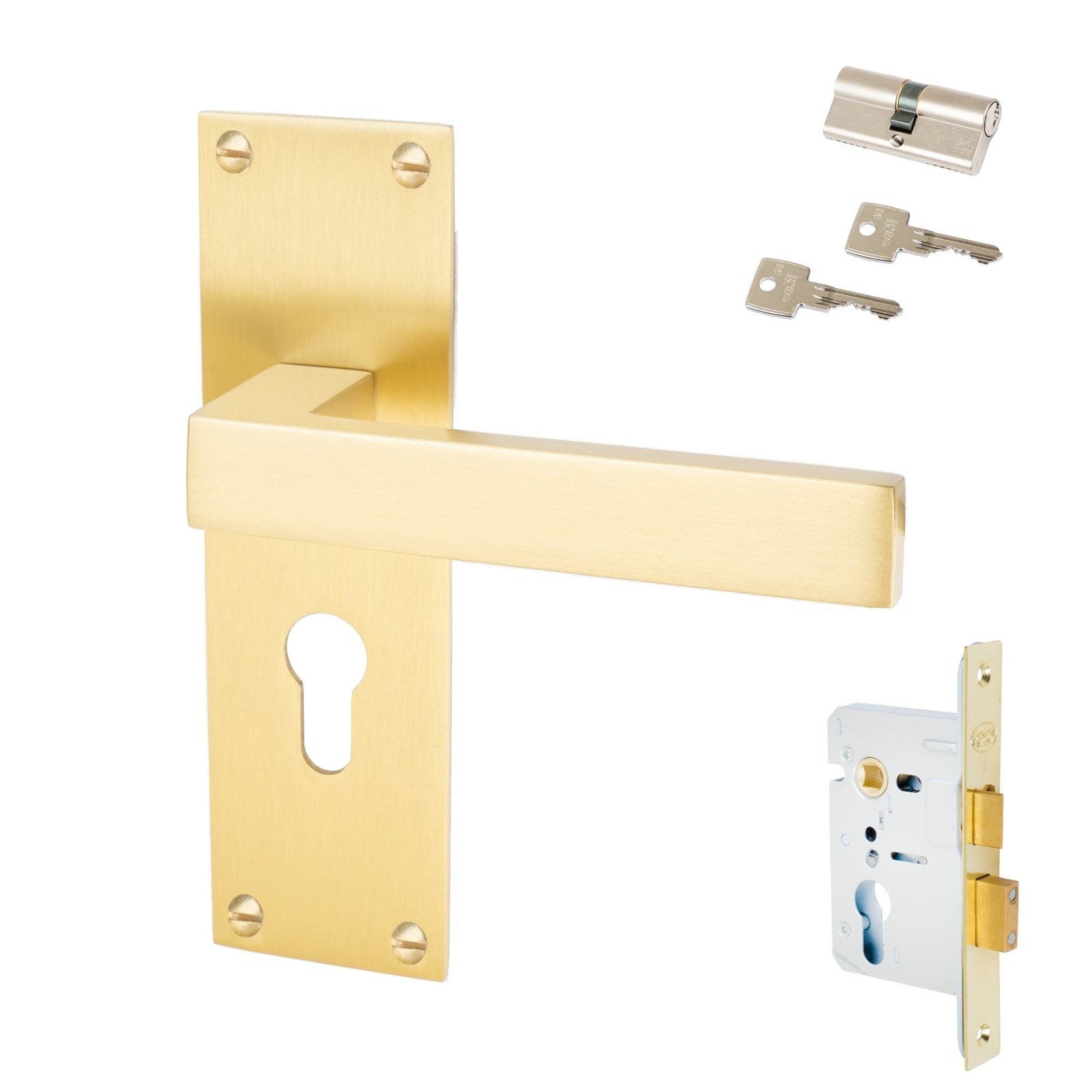 Metro Door Handles On Plate Euro Lock Handle Set in Satin Brass