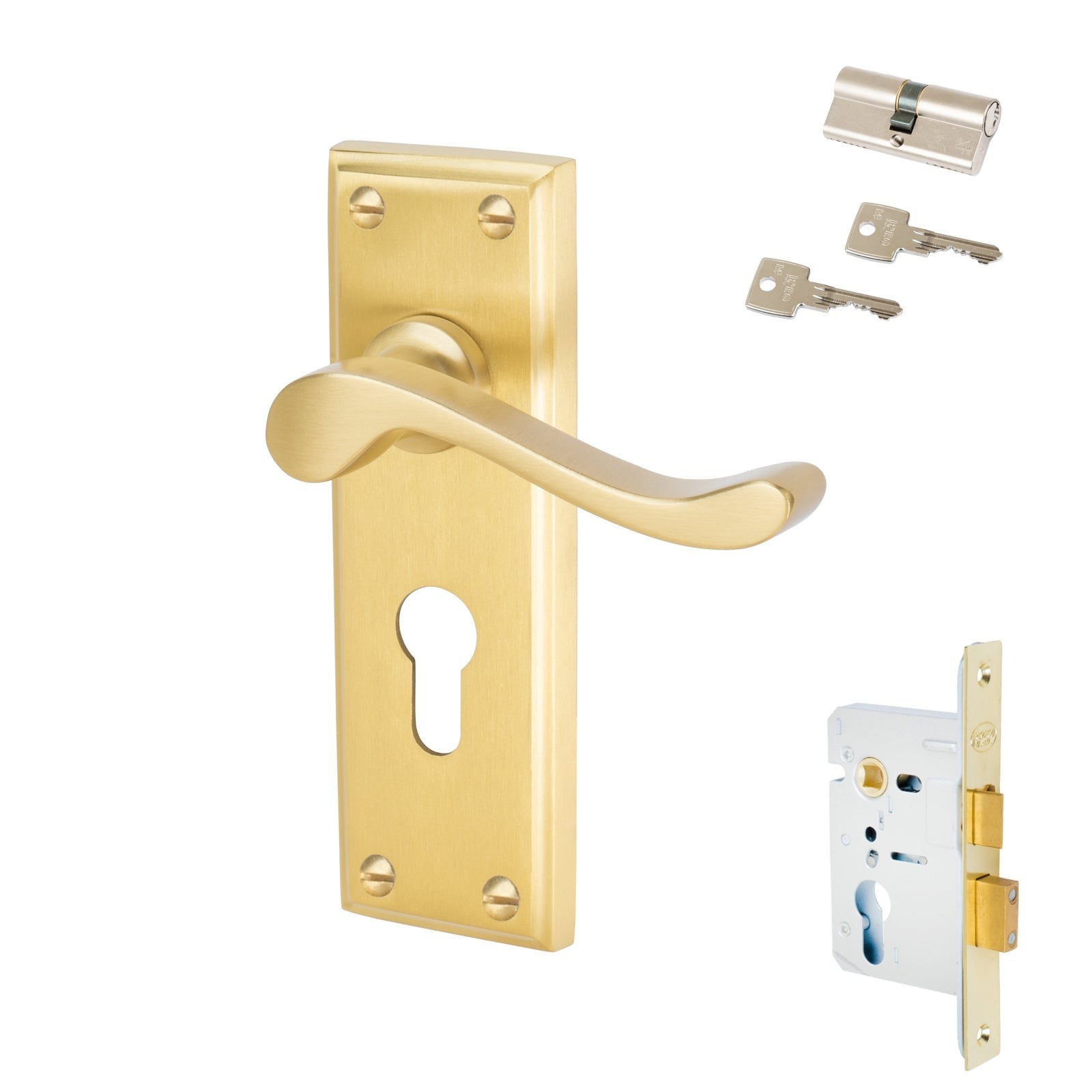 Edwardian Door Handles On Plate Euro Lock Handle Set in Satin Brass