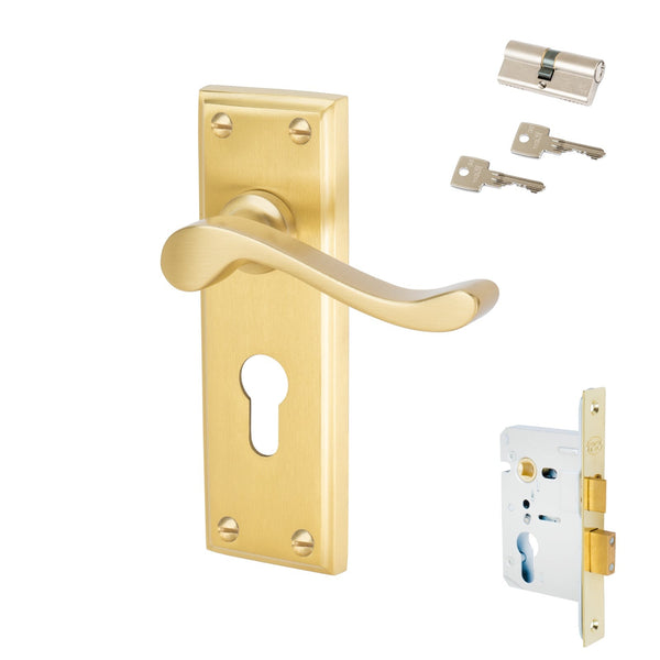 Edwardian Door Handles On Plate Euro Lock Handle Set in Satin Brass