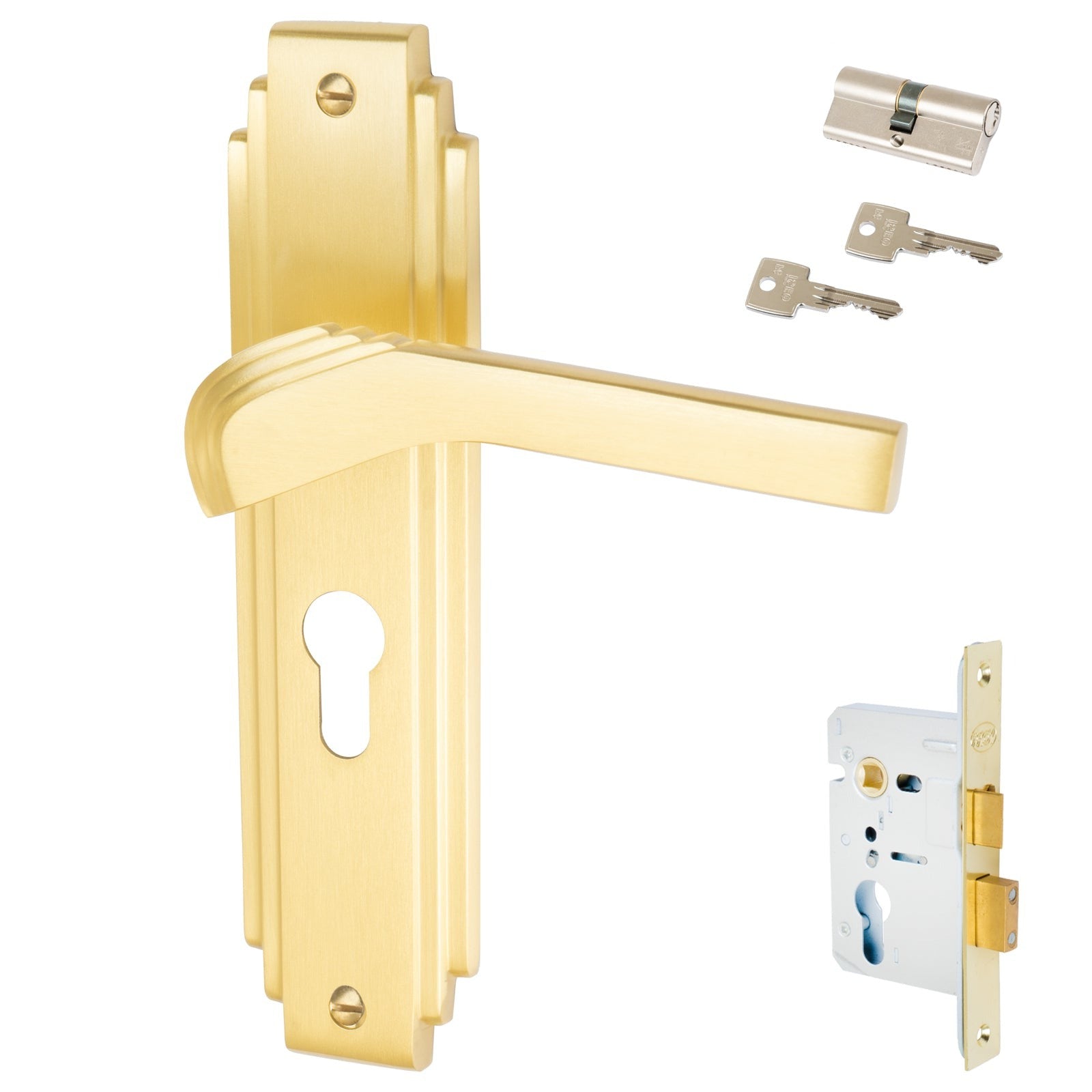 Tiffany Door Handles On Plate Euro Lock Handle Set in Satin Brass