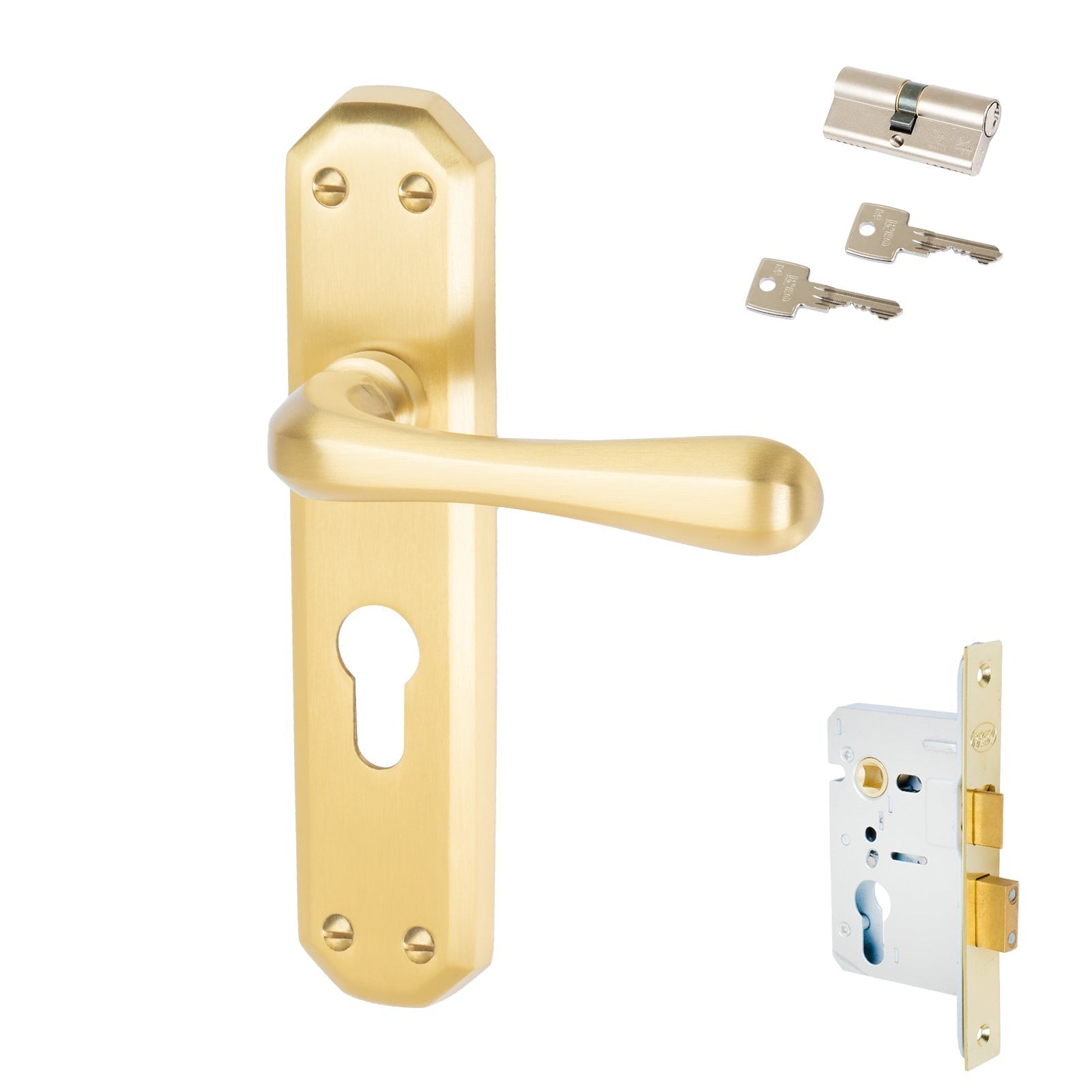 Charlbury Door Handles On Plate Euro Lock Handle Set in Satin Brass