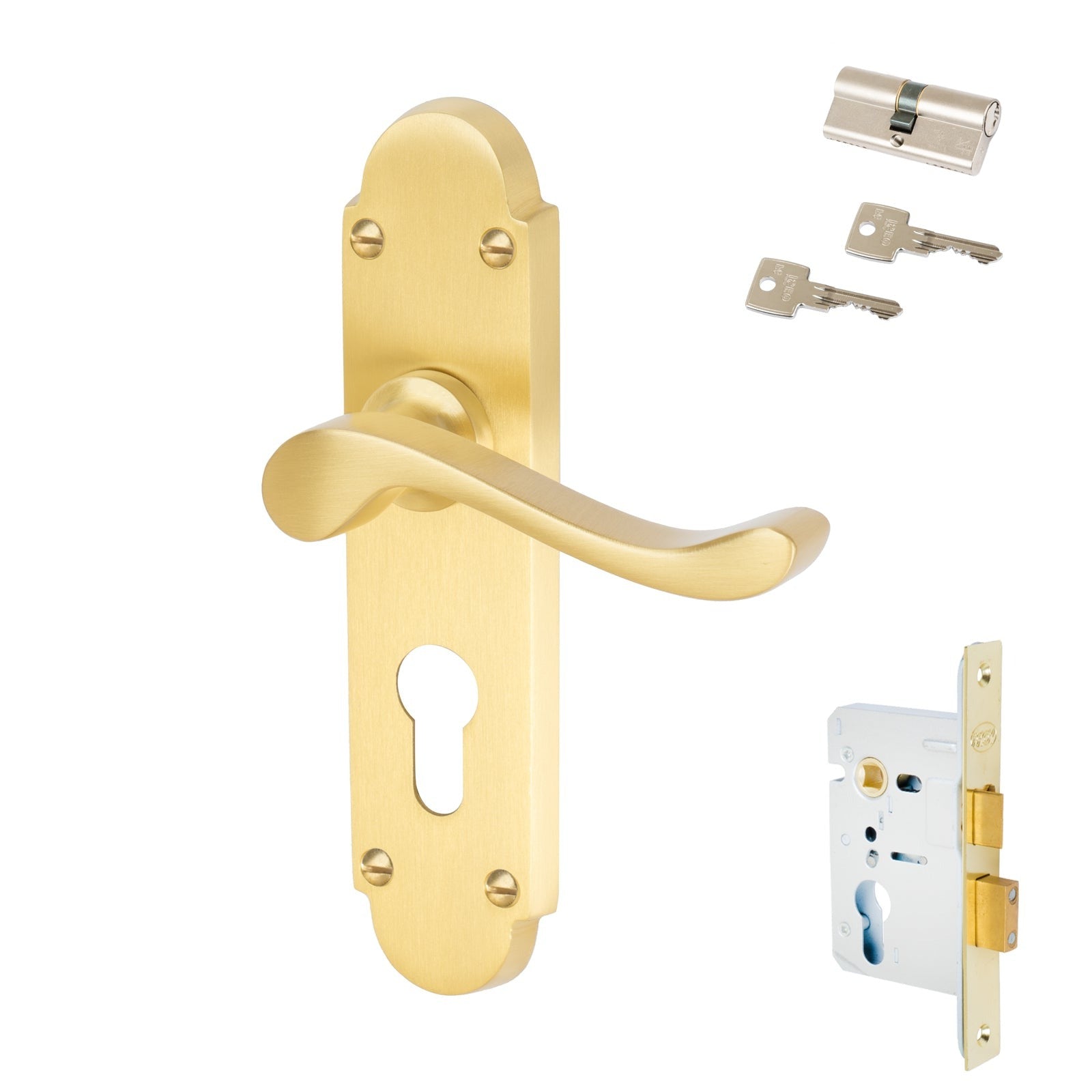 Savoy Door Handles On Plate 5 Lever Lock Handle Set in Satin Brass