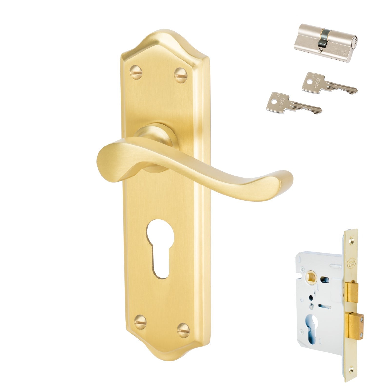 Buckingham Door Handles On Plate Euro Lock Handle Set in Satin Brass