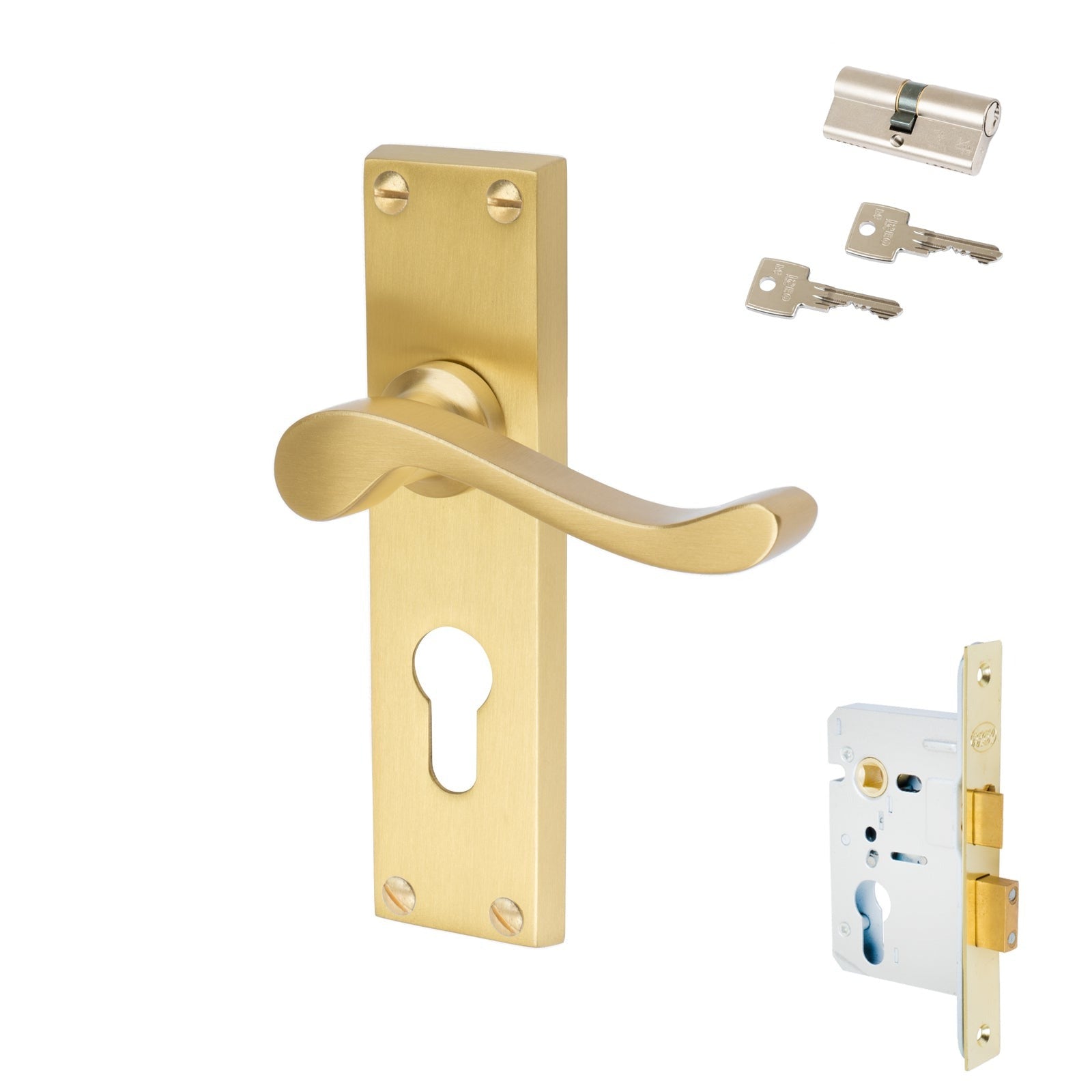 Bedford Door Handles On Plate Euro Lock Handle Set in Satin Brass