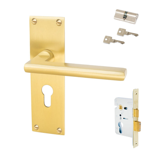 Trident Door Handles On Plate Euro Lock Handle Set in Satin Brass