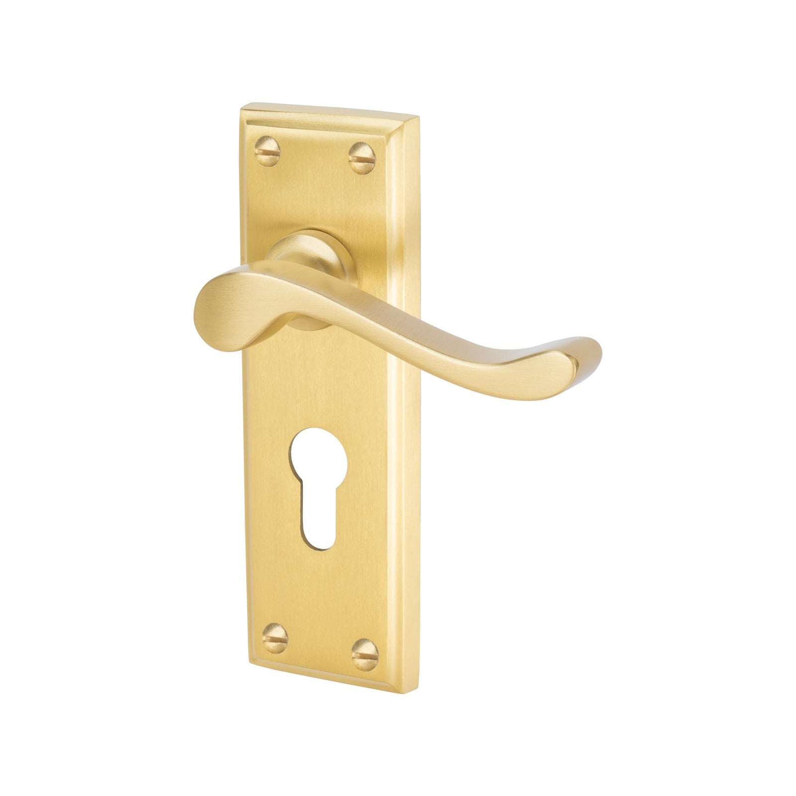 Edwardian Door Handles On Plate Euro Lock Handle in Satin Brass 