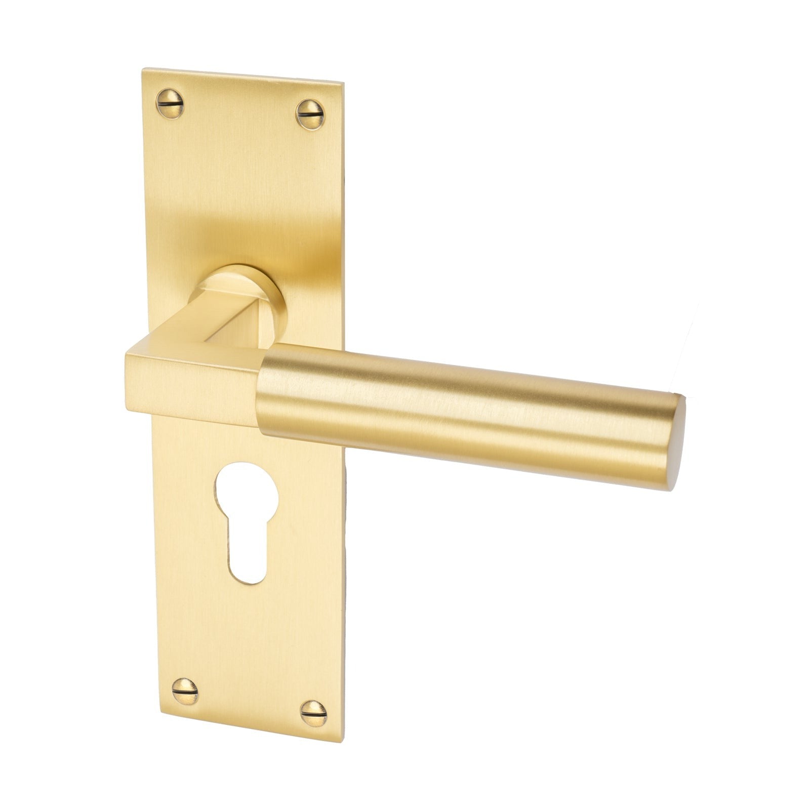 Bauhaus Door Handles On Plate Euro Lock Handle in Satin Brass 