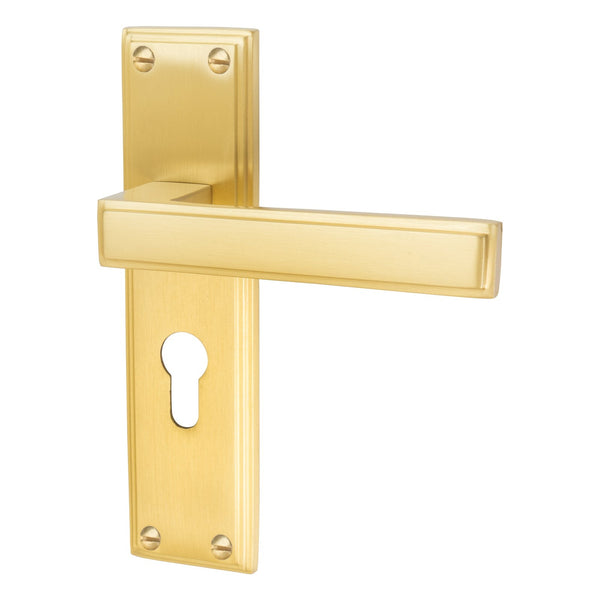 Atlantis Door Handles On Plate Euro Lock Handle in Satin Brass 