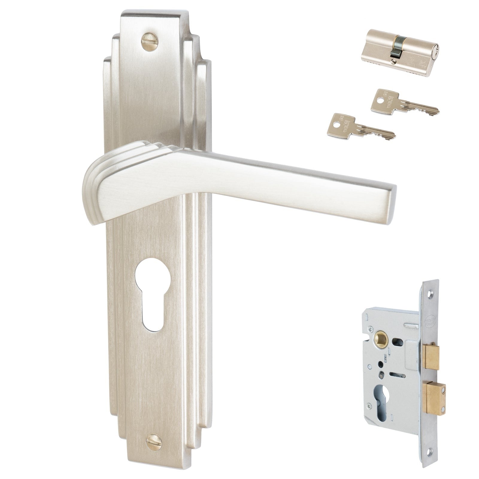 Tiffany Door Handles On Plate Euro Lock Handle Set in Satin Nickel