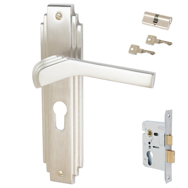 Tiffany Door Handles On Plate Euro Lock Handle Set in Satin Nickel