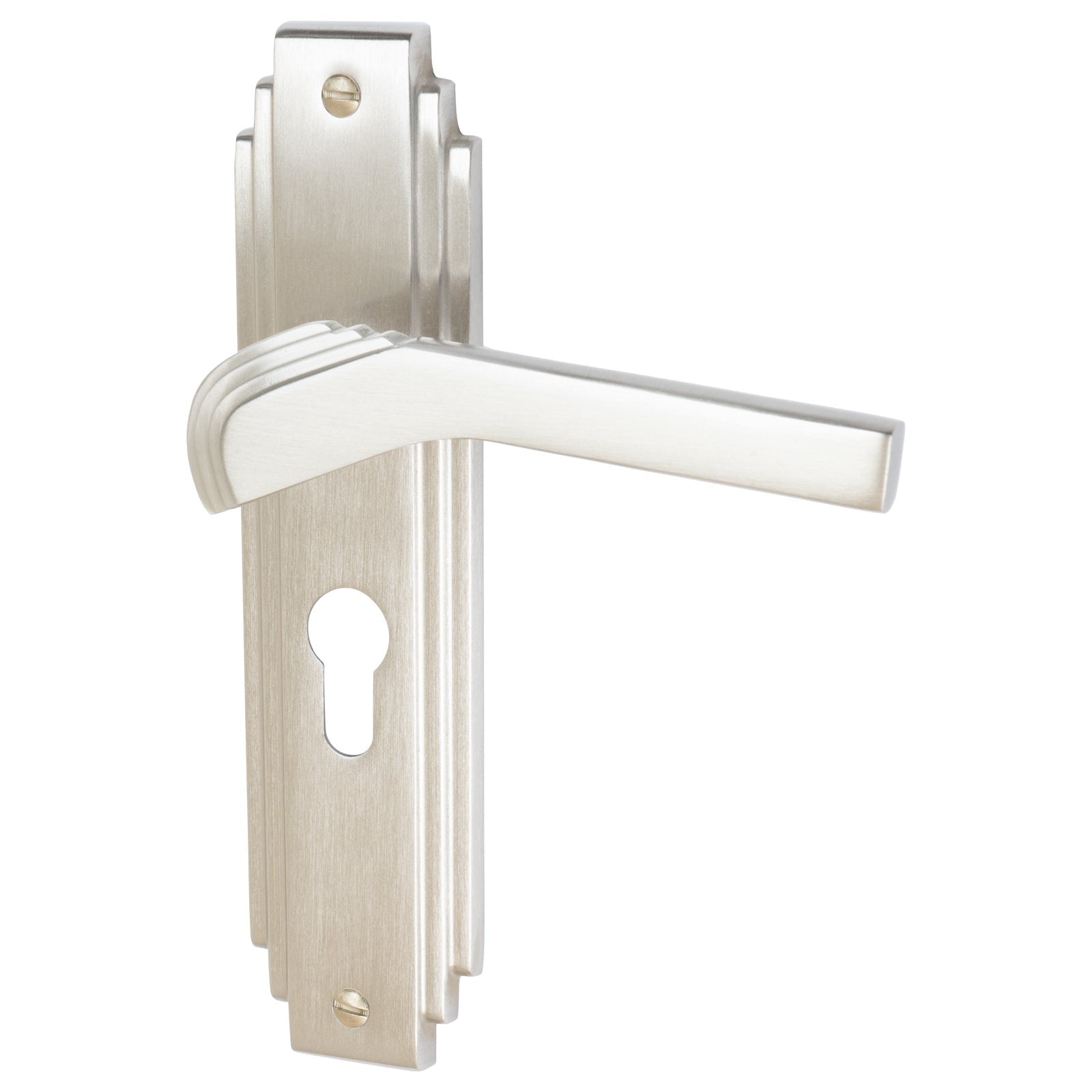 Tiffany Door Handles On Plate Euro Lock Handle in Satin Nickel 