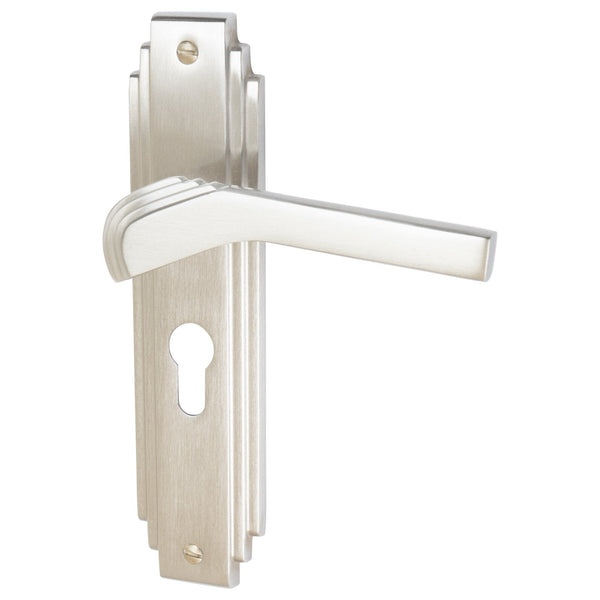 Tiffany Door Handles On Plate Euro Lock Handle in Satin Nickel 