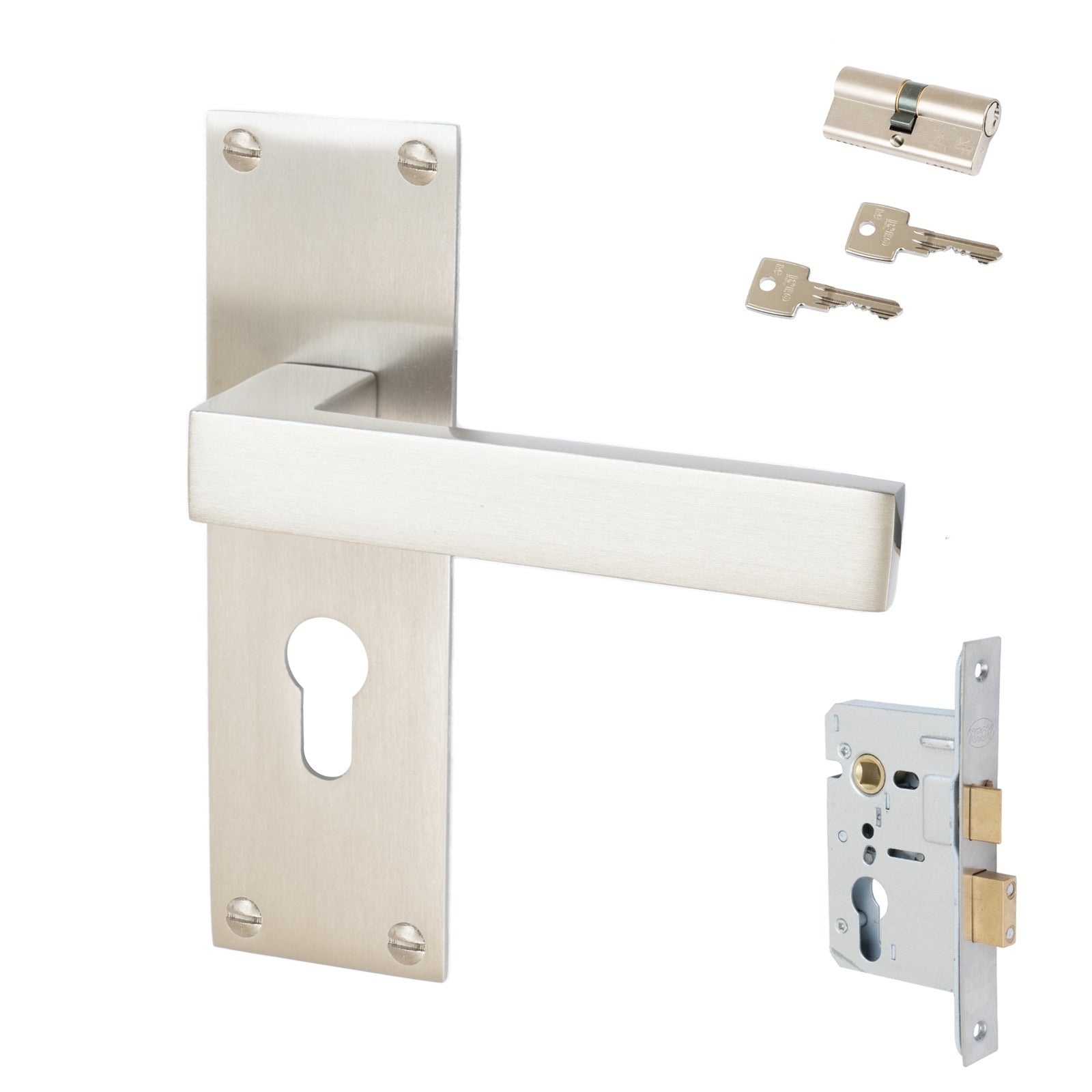 Metro Door Handles On Plate Euro Lock Handle Set in Satin Nickel