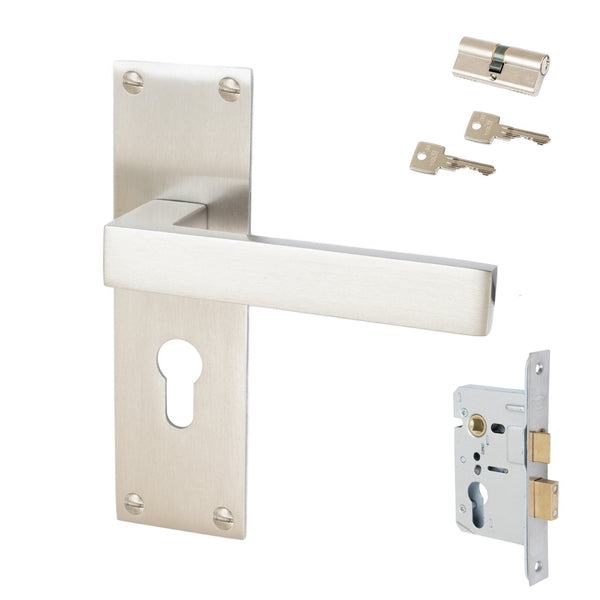 Metro Door Handles On Plate Euro Lock Handle Set in Satin Nickel