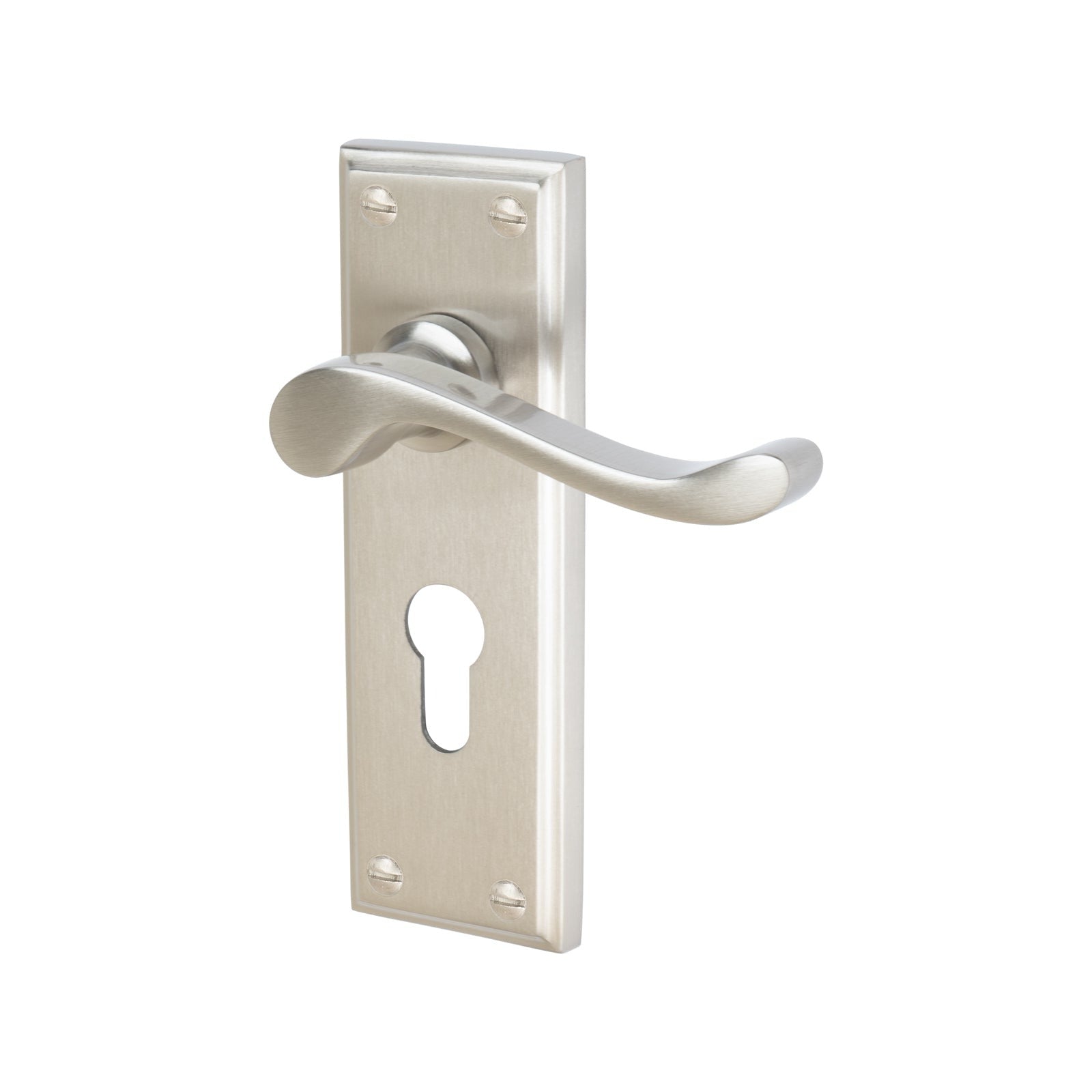 Edwardian Door Handles On Plate Euro Lock Handle in Satin Nickel 