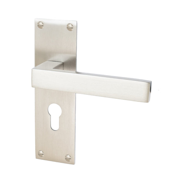 Metro Door Handles On Plate Euro Lock Handle in Satin Nickel 