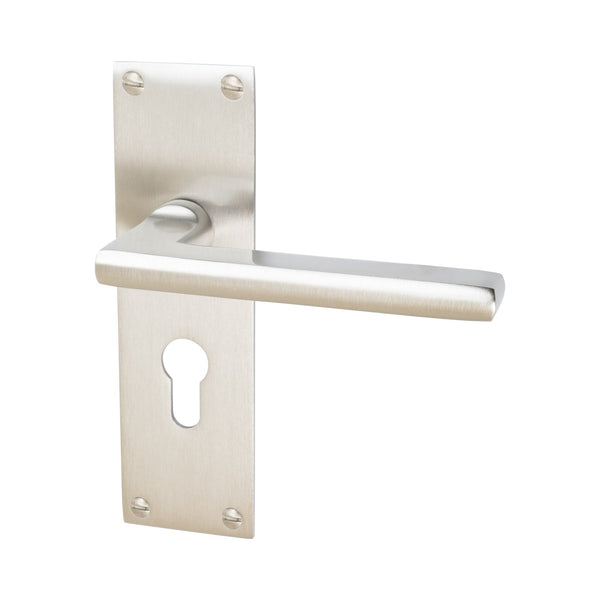 Trident Door Handles On Plate Euro Lock Handle in Satin Nickel 