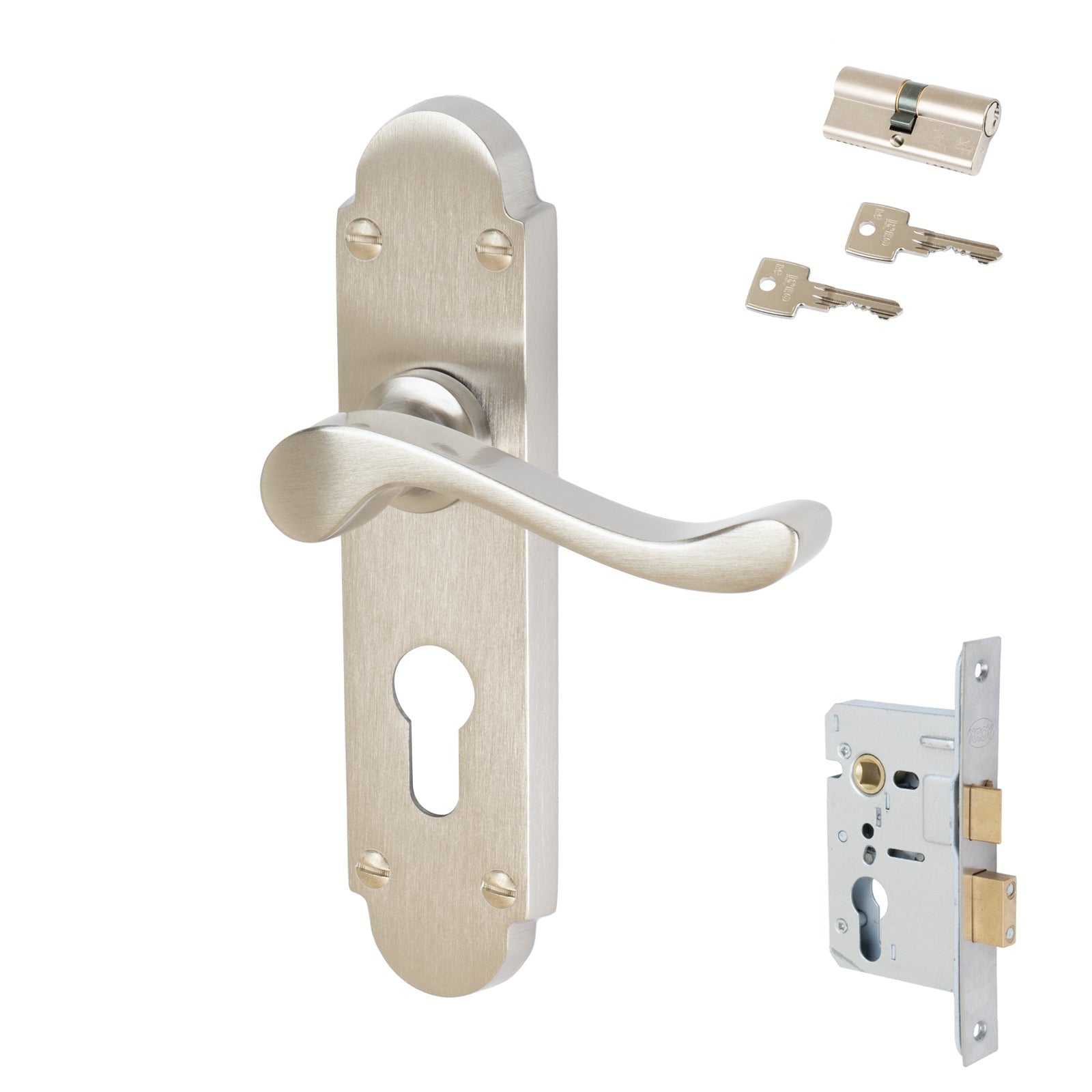 Savoy Door Handles On Plate Euro Lock Handle Set in Satin Nickel