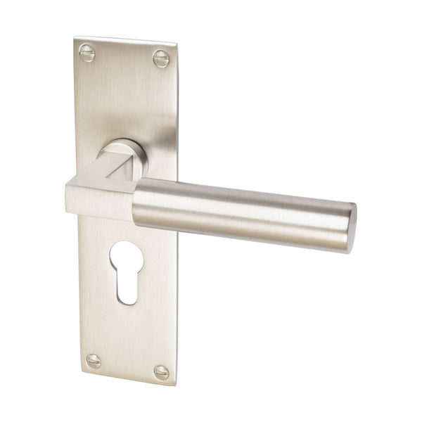 Bauhaus Door Handles On Plate Euro Lock Handle in Satin Nickel 