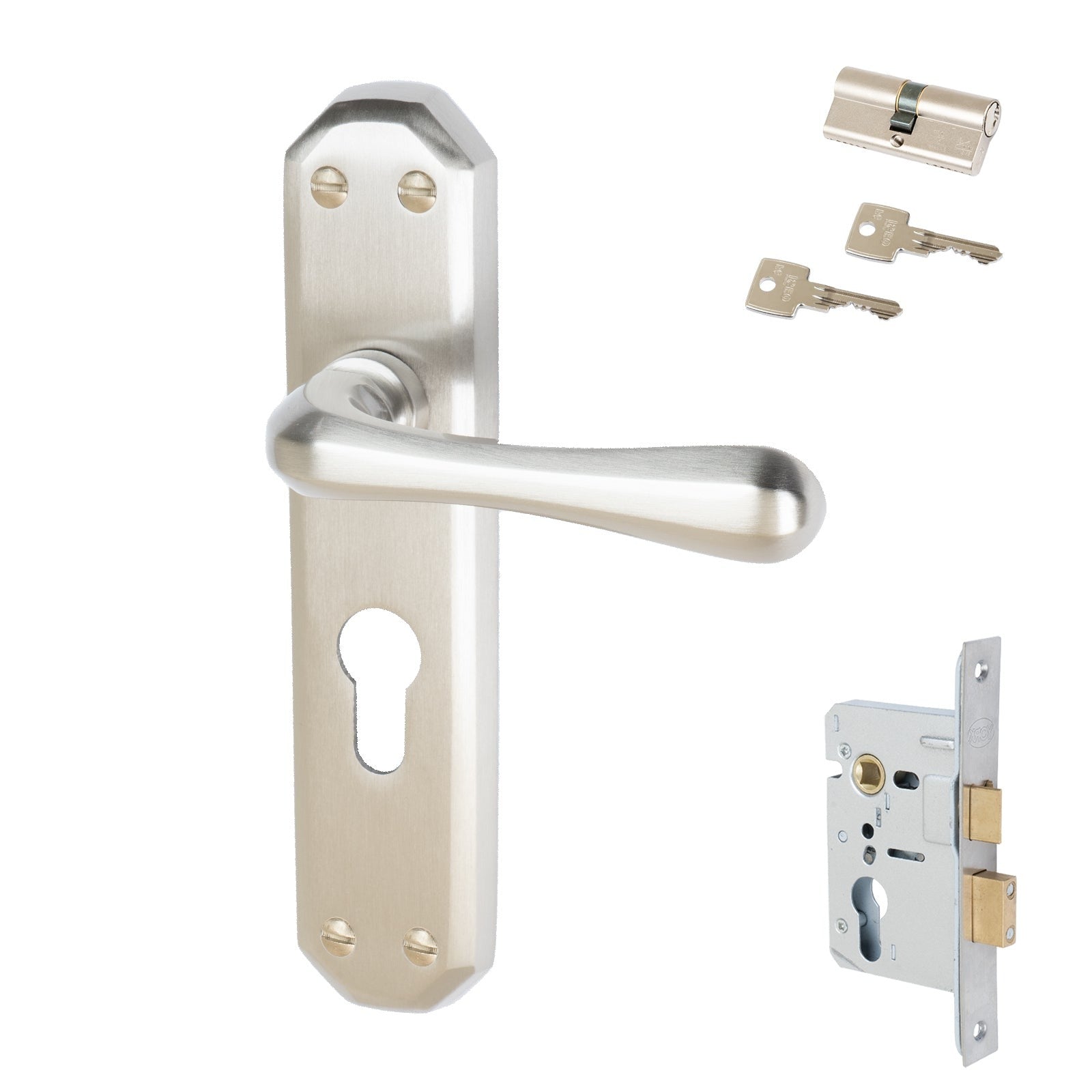 Charlbury Door Handles On Plate Euro Lock Handle Set in Satin Nickel