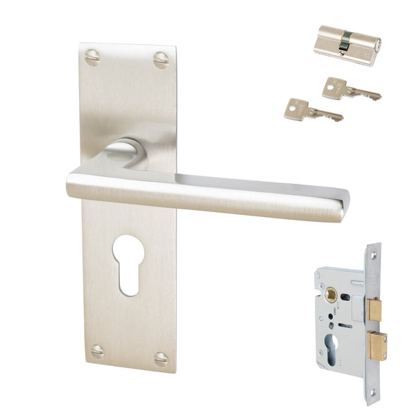 Trident Door Handles On Plate Euro Lock Handle Set in Satin Nickel