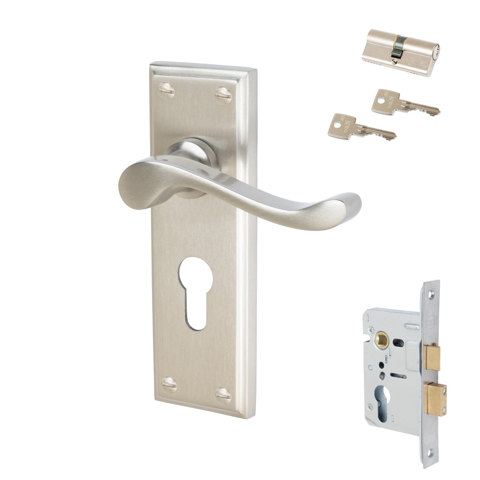 Edwardian Door Handles On Plate Euro Lock Handle Set in Satin Nickel