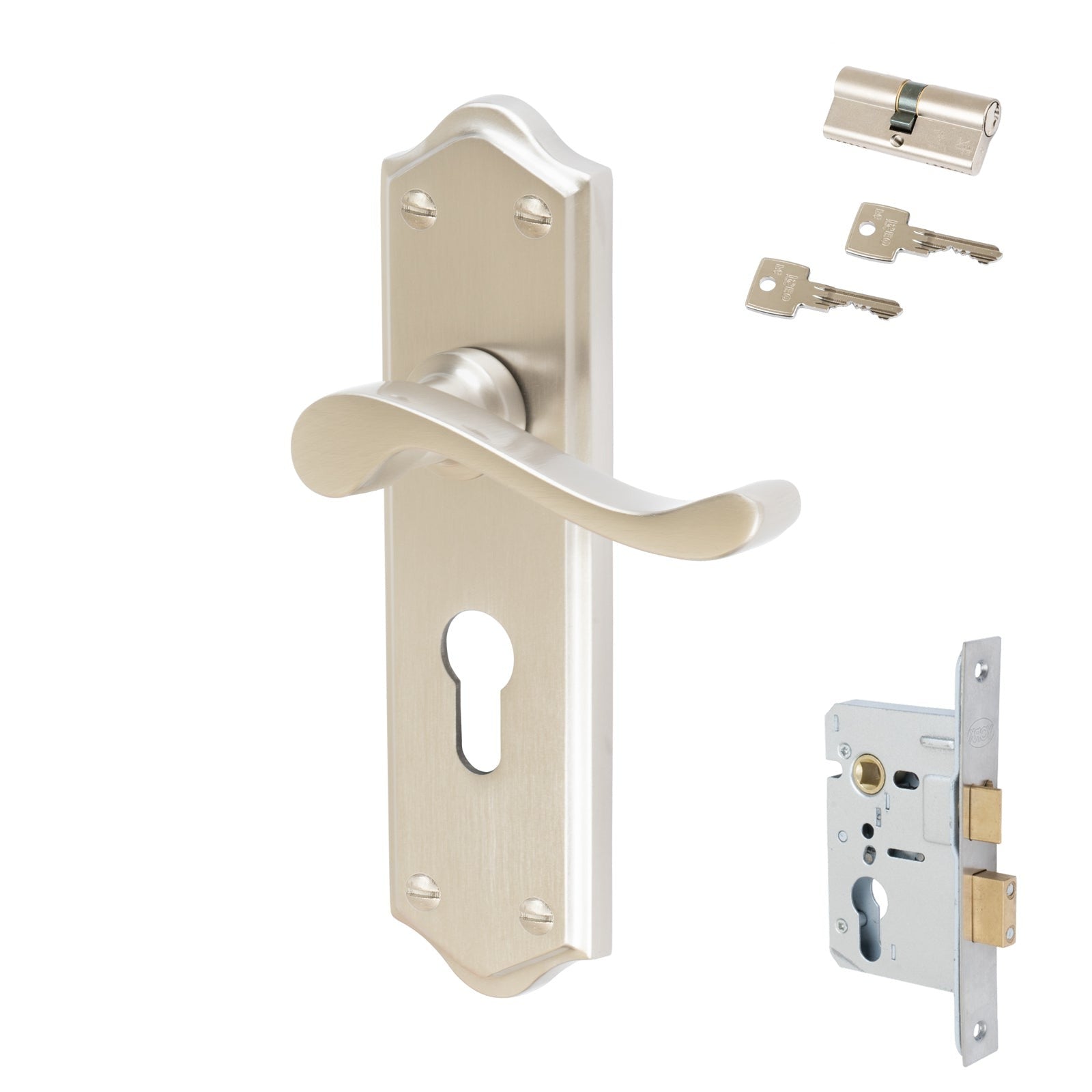 Buckingham Door Handles On Plate Euro Lock Handle Set in Satin Nickel