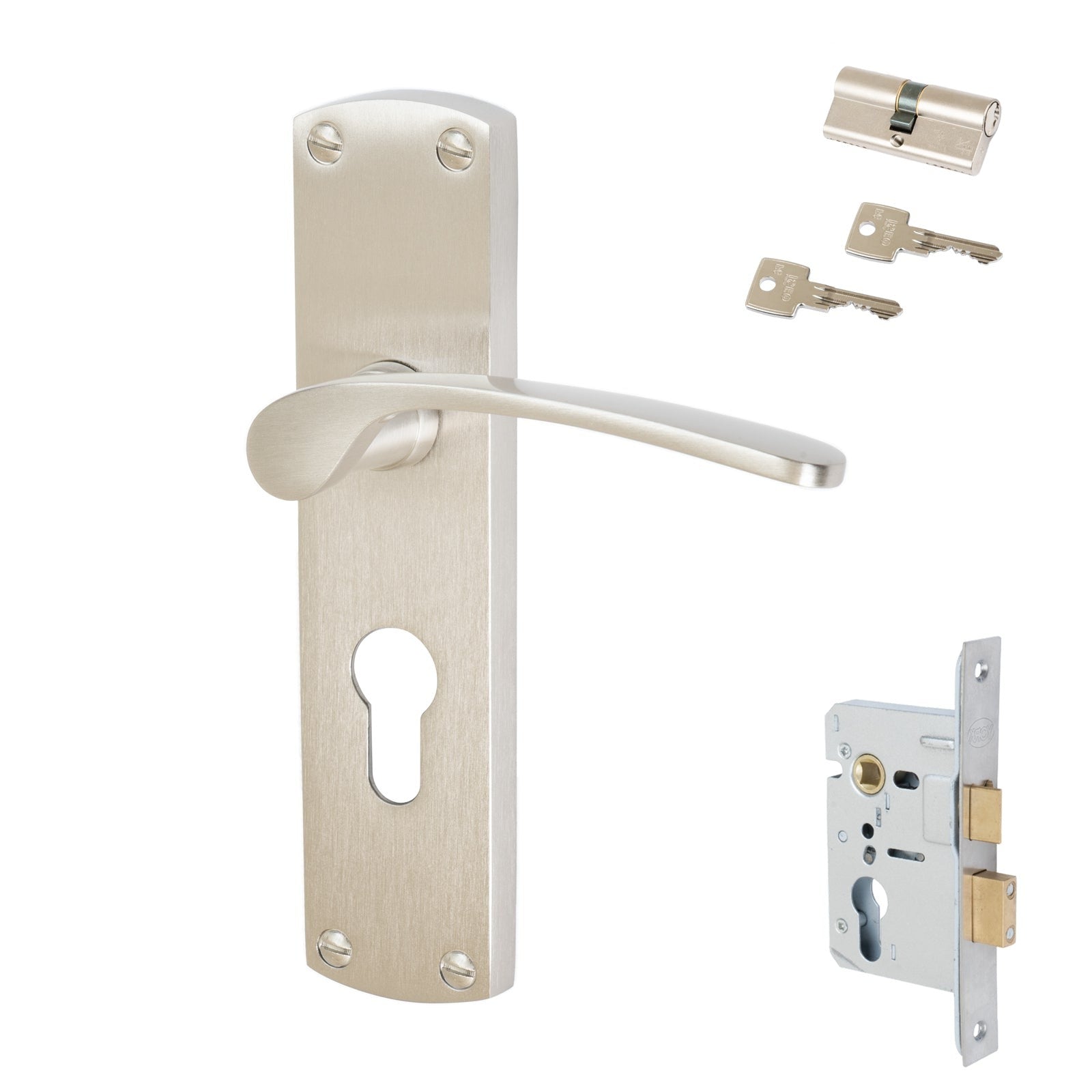 Diplomat Door Handles On Plate Euro Lock Handle Set in Satin Nickel